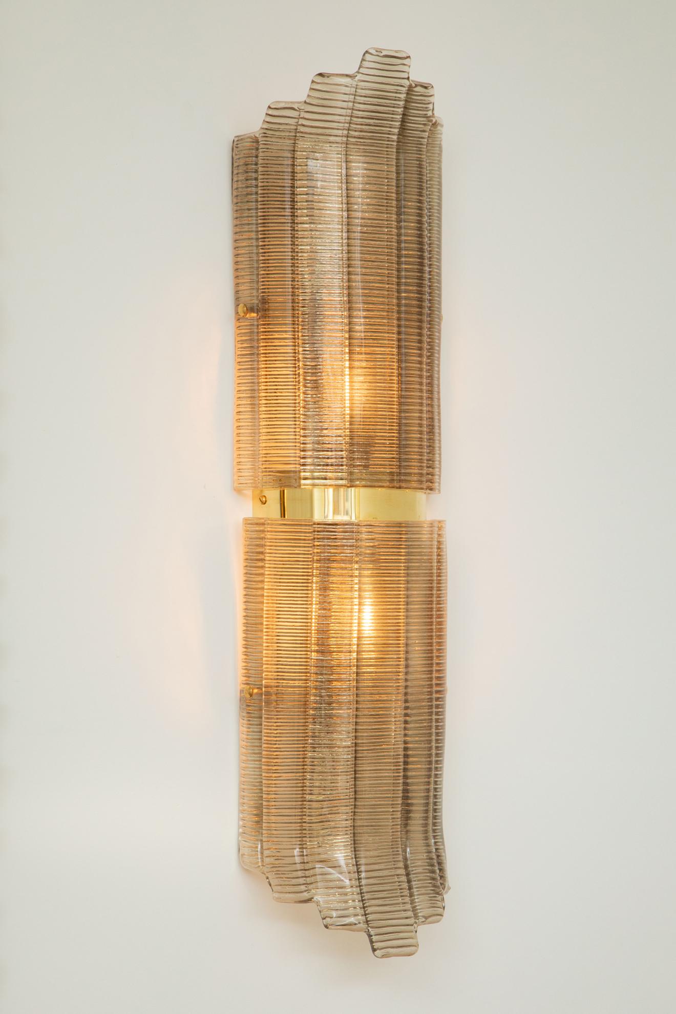 Italian Pair of Large Art Deco Style Murano Glass and Brass Wall Lights, in Stock For Sale