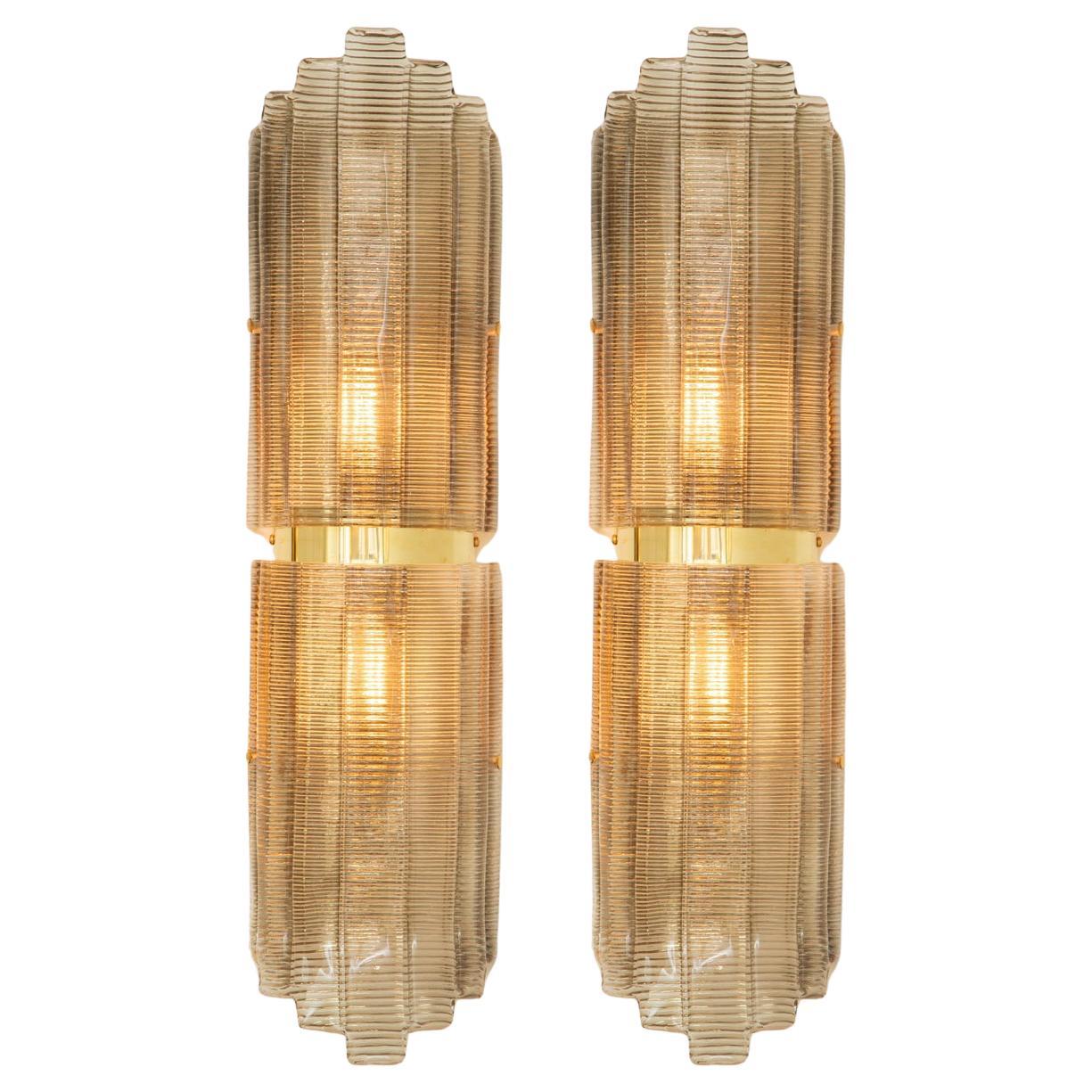 Pair of Large Art Deco Style Murano Glass and Brass Wall Lights, in Stock