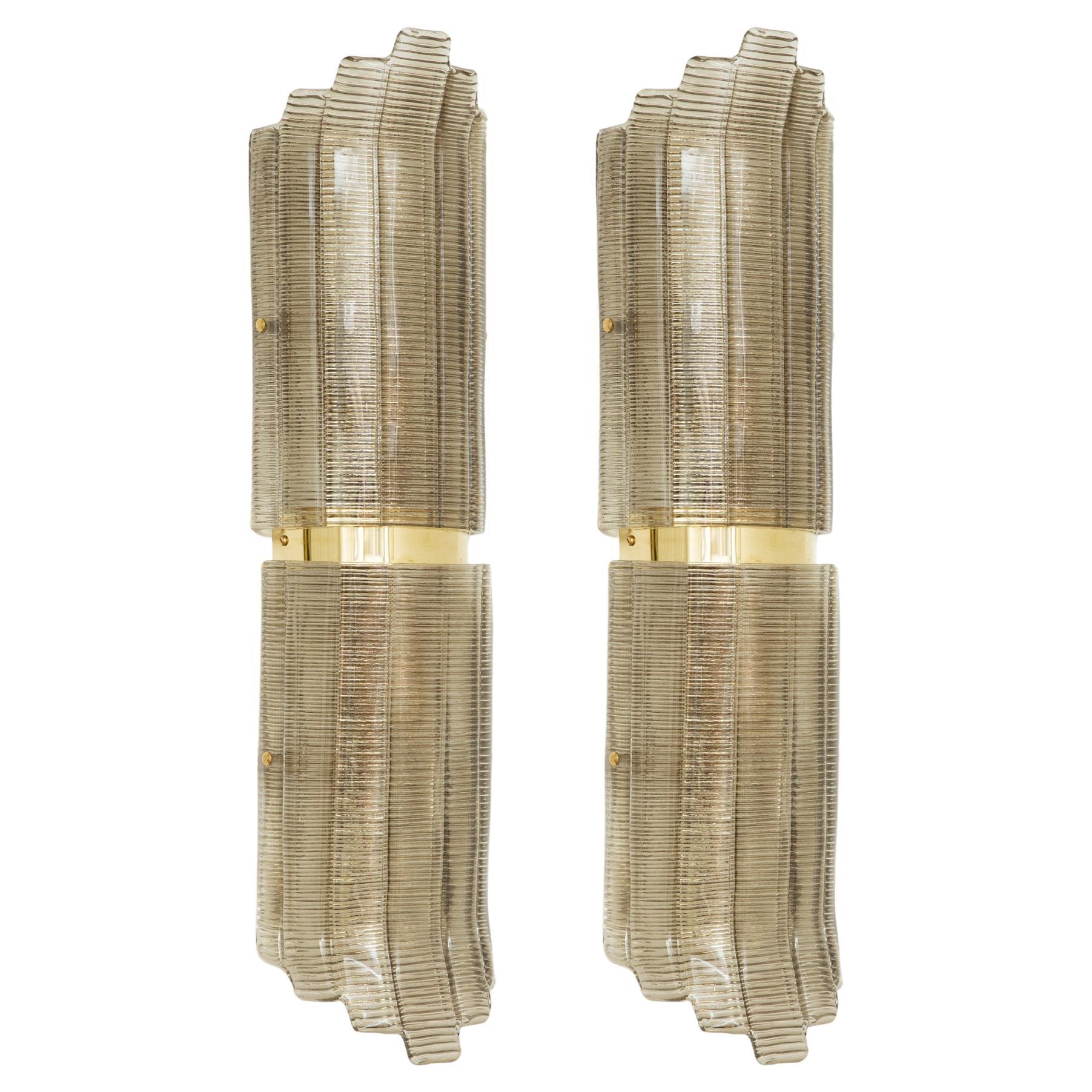 Pair of Large Art Deco Style Murano Glass and Brass Wall Lights, in Stock For Sale