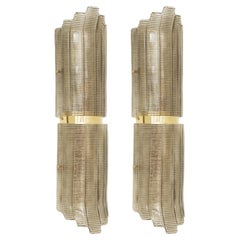 Pair of Large Art Deco Style Murano Glass and Brass Wall Lights, in Stock
