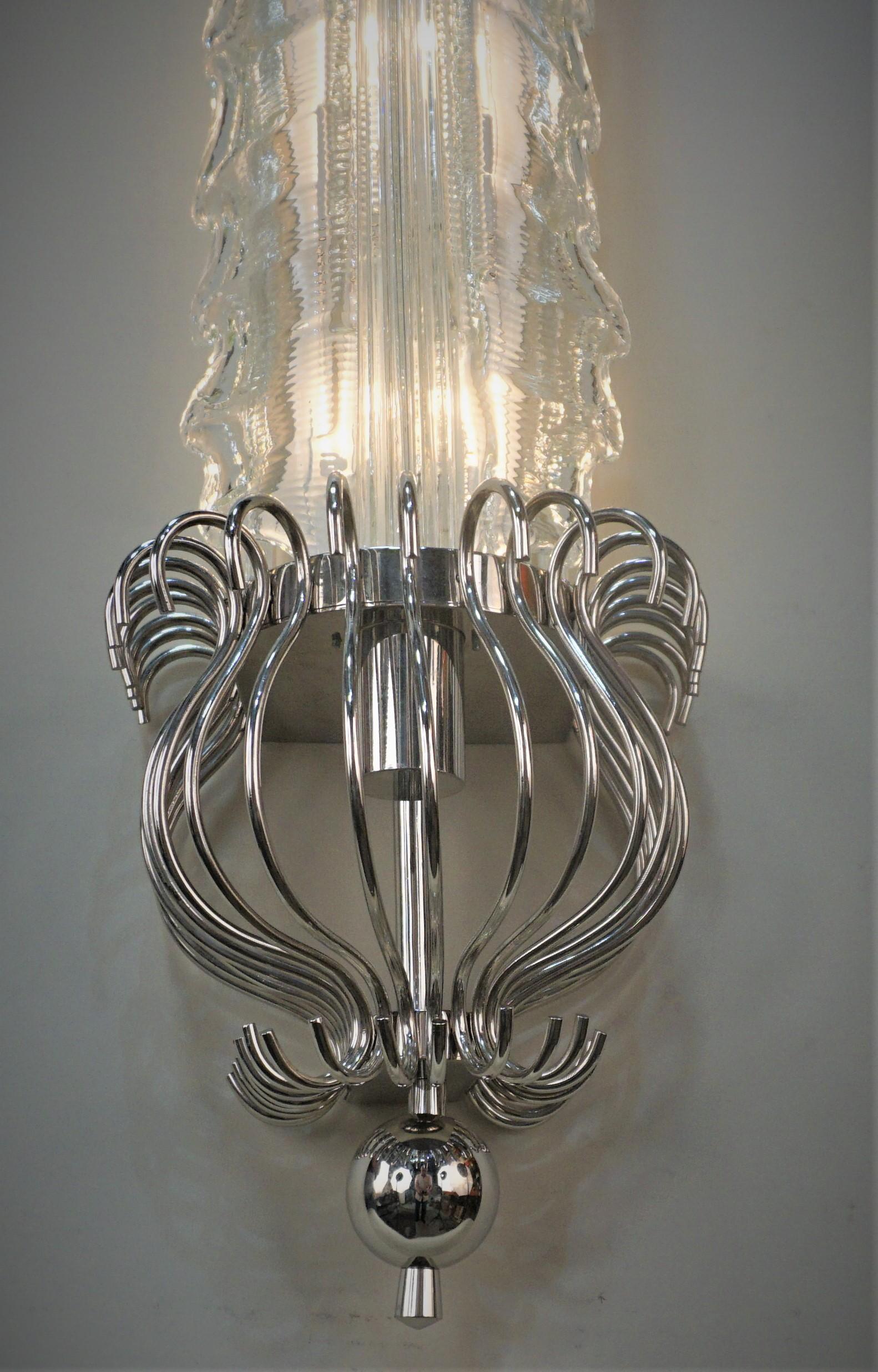 Glass Pair of Large Art Deco Wall Sconces