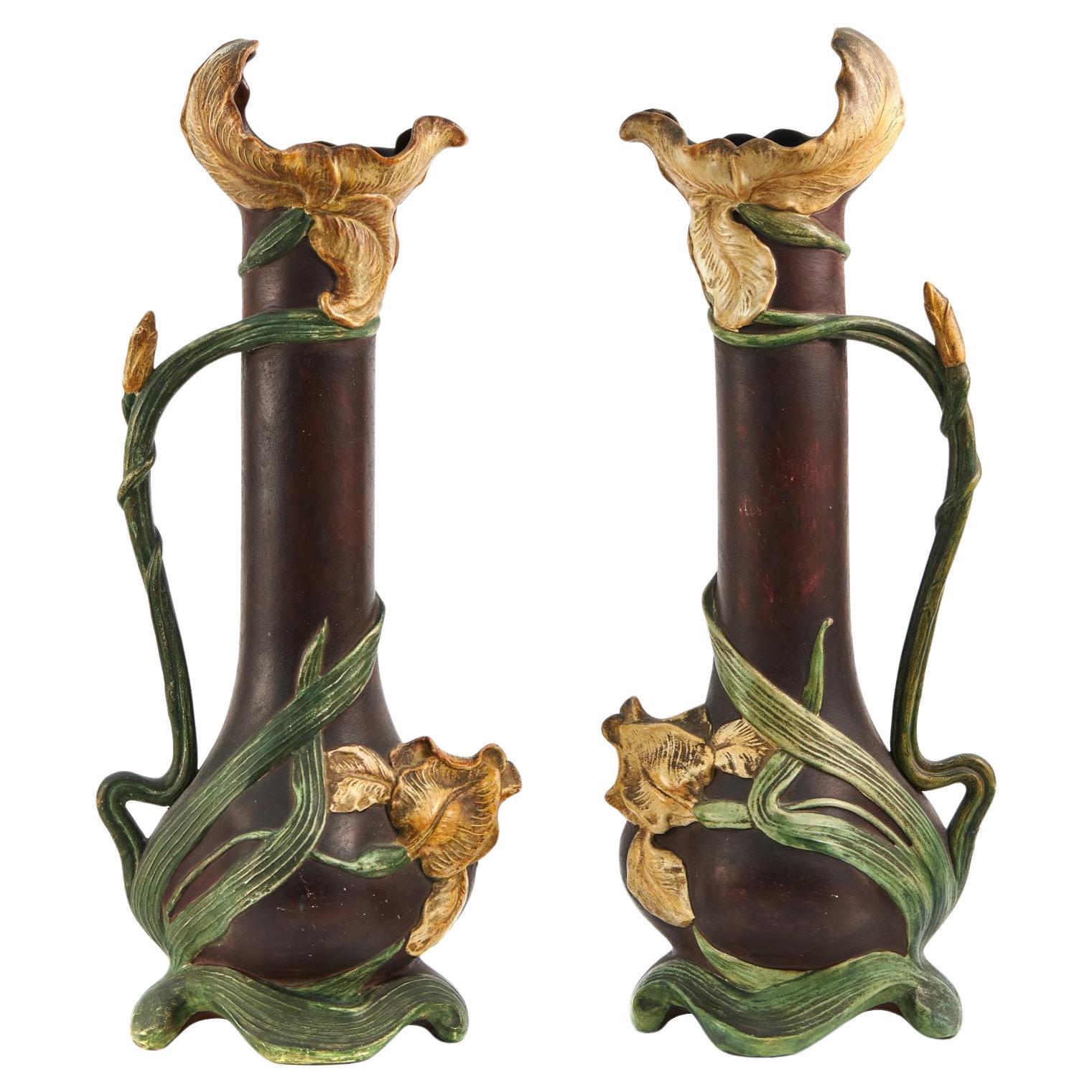 Pair Of Large Art Nouveau Austrian Pottery Ewers