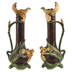 Pair Of Large Art Nouveau Austrian Pottery Ewers