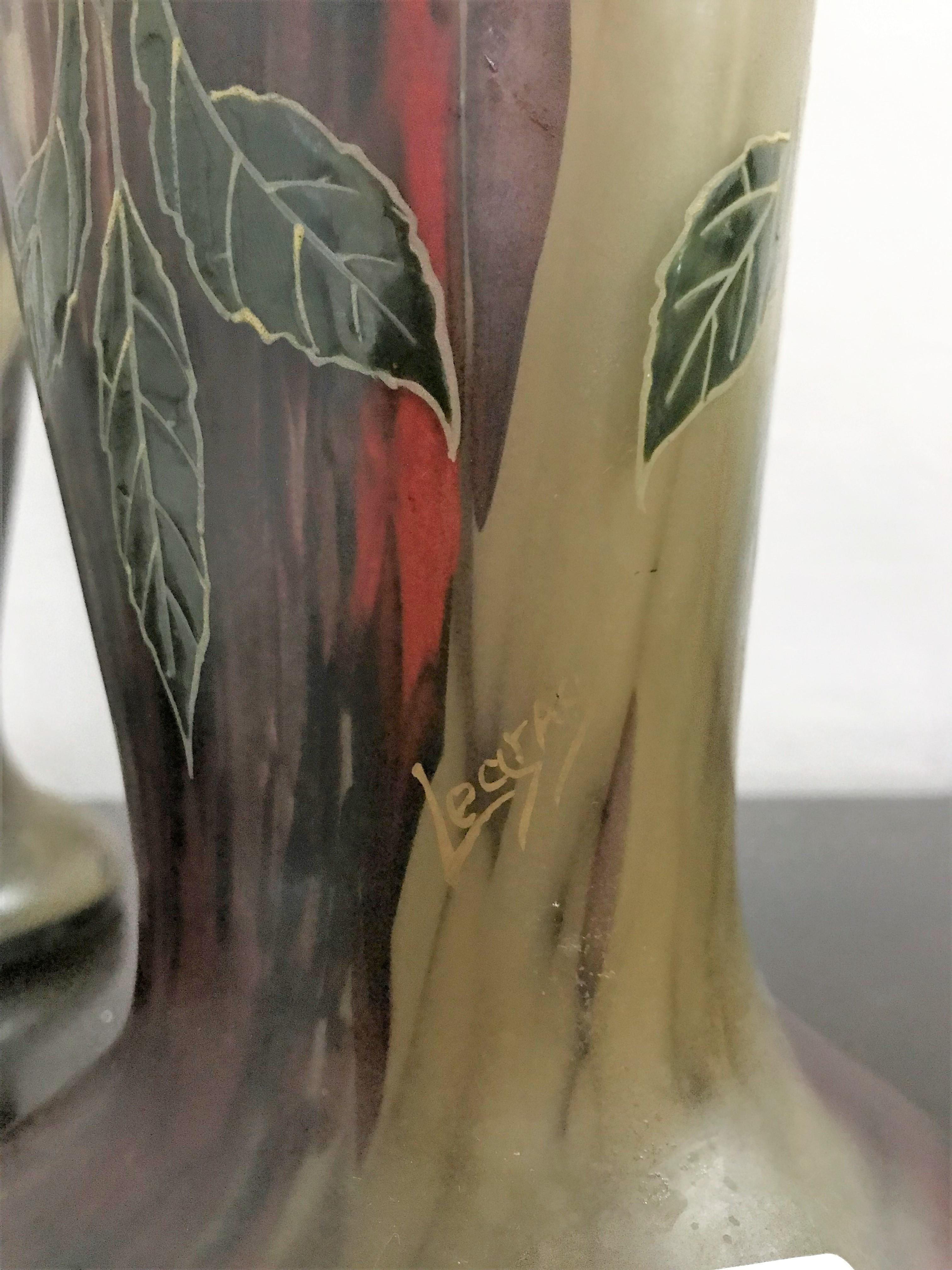 Pair of Large Art Nouveau Blown Glass and Enamel Vases by Legras, France For Sale 3