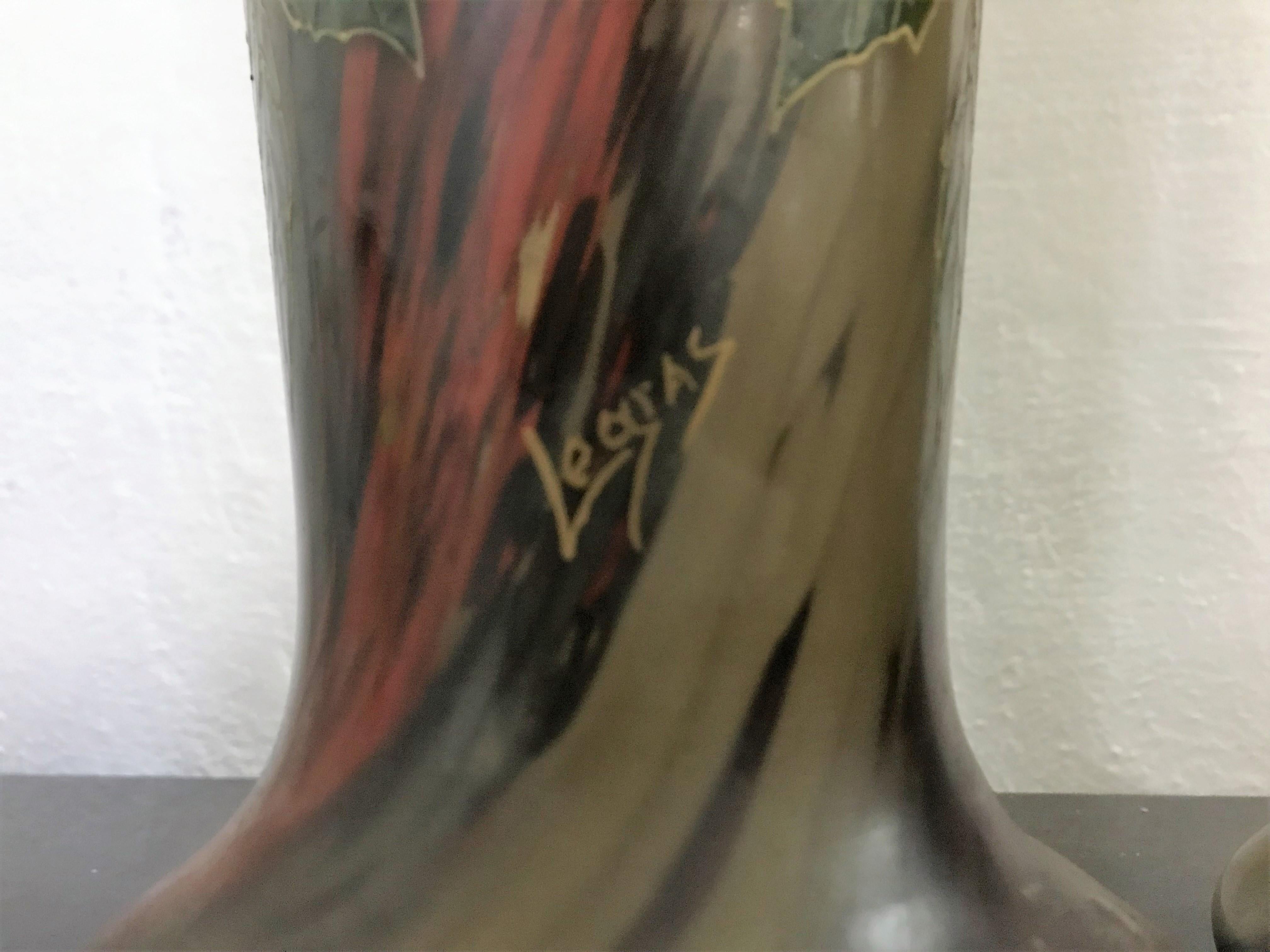 Pair of Large Art Nouveau Blown Glass and Enamel Vases by Legras, France For Sale 4