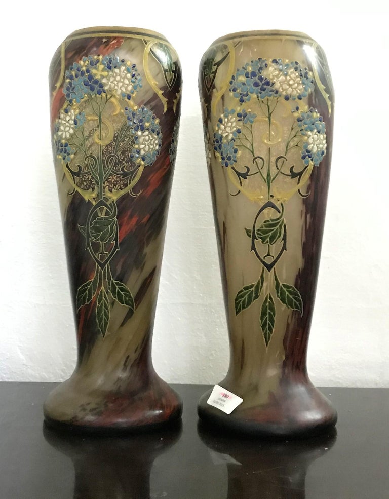 Pair of Large Art Nouveau Blown Glass and Enamel Vases by Legras