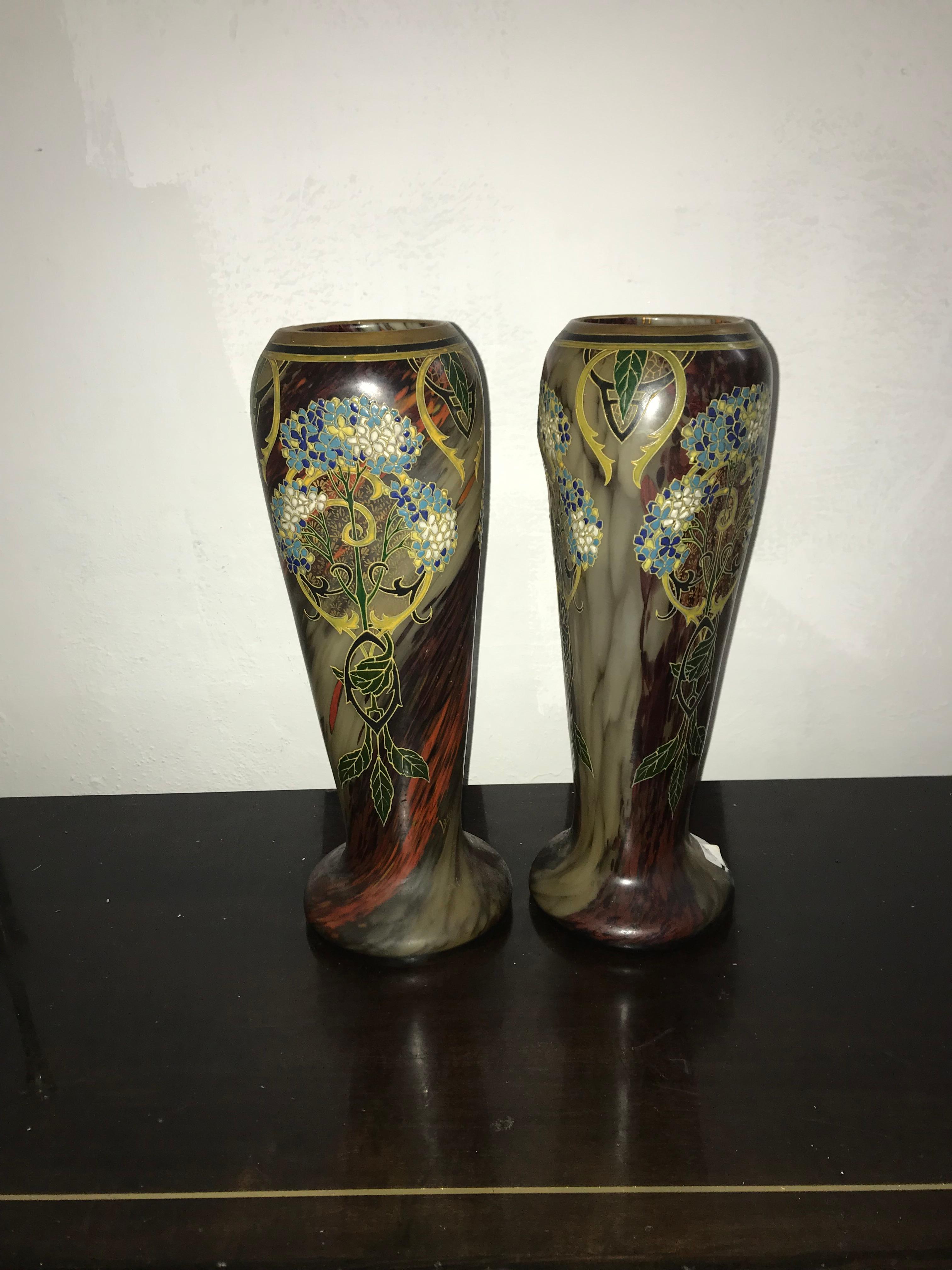 French Pair of Large Art Nouveau Blown Glass and Enamel Vases by Legras, France For Sale