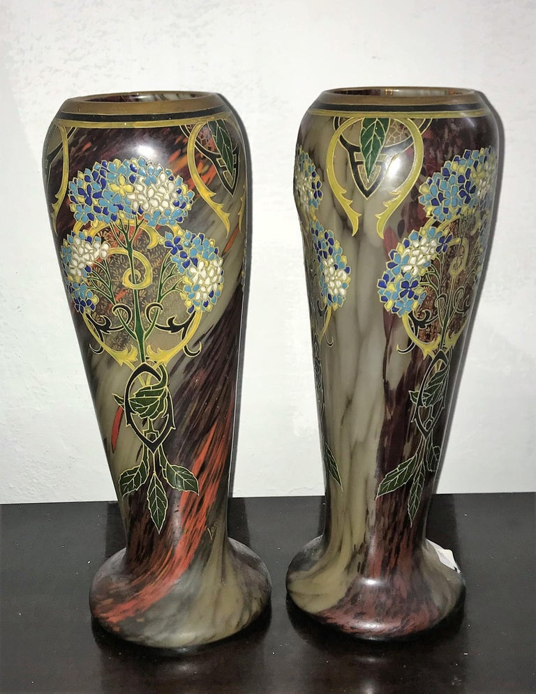 Pair of Large Art Nouveau Blown Glass and Enamel Vases by Legras
