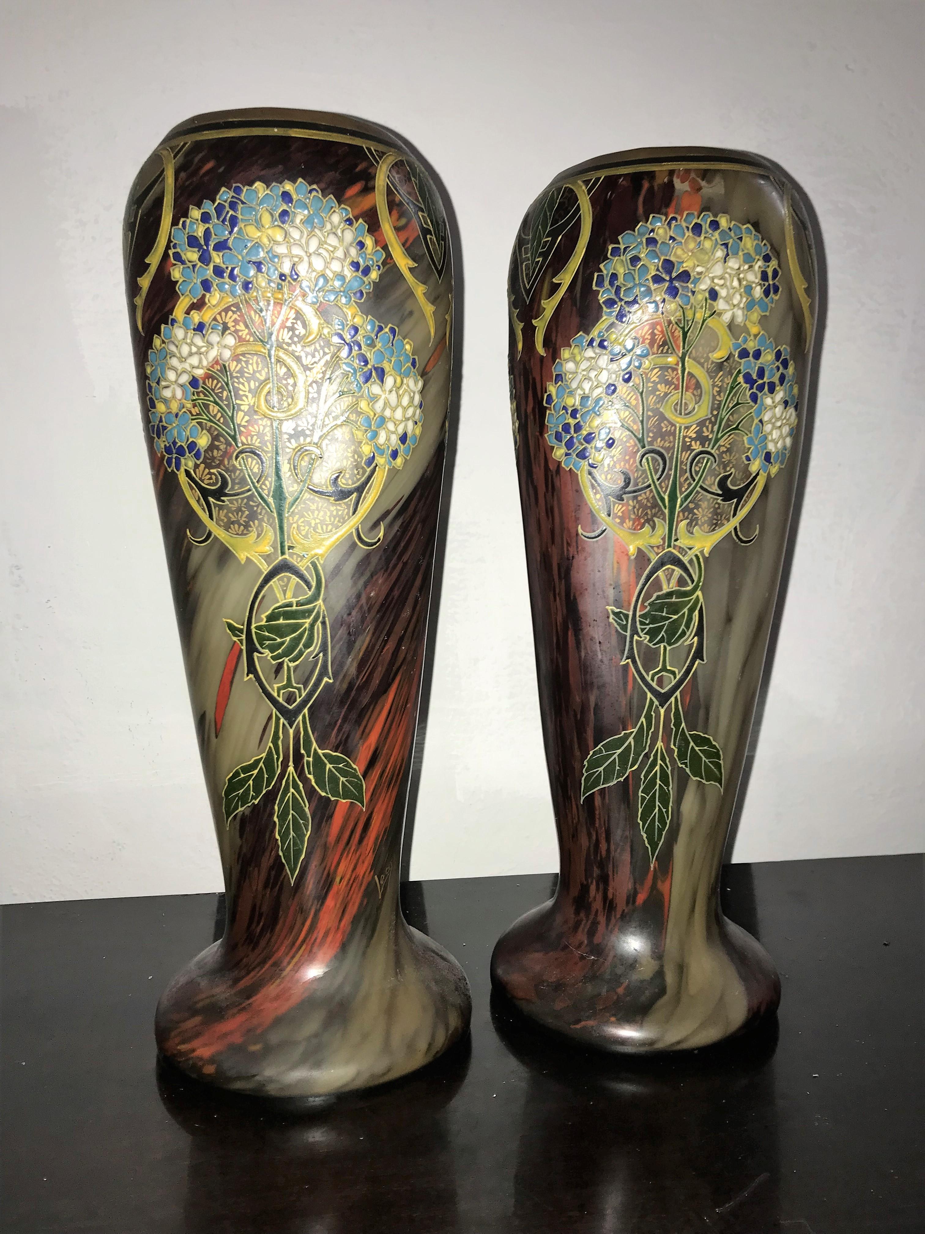Late 19th Century Pair of Large Art Nouveau Blown Glass and Enamel Vases by Legras, France For Sale