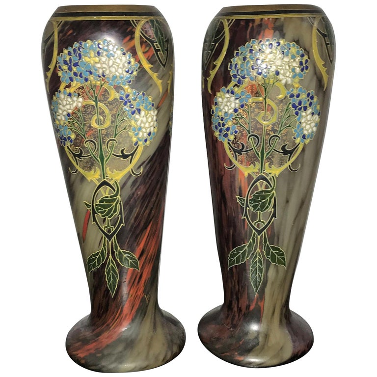 Pair of Large Art Nouveau Blown Glass and Enamel Vases by Legras