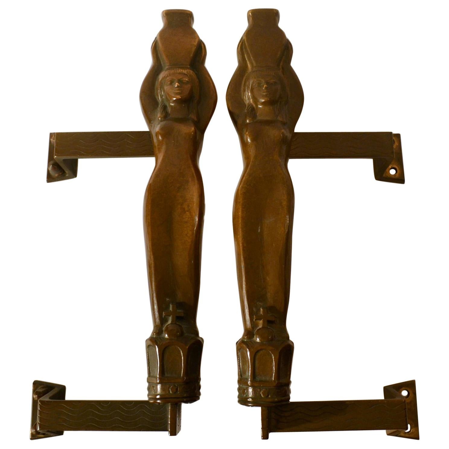 Pair of Large Art Nouveau Bronze Push and Pull Door Handles with Water Nymphes