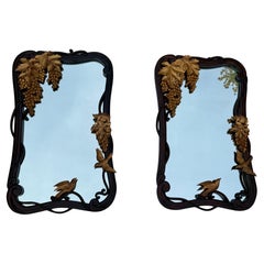 Pair of Large Art Nouveau Gilt Wood Wall Mirrors w Birds, 1910's