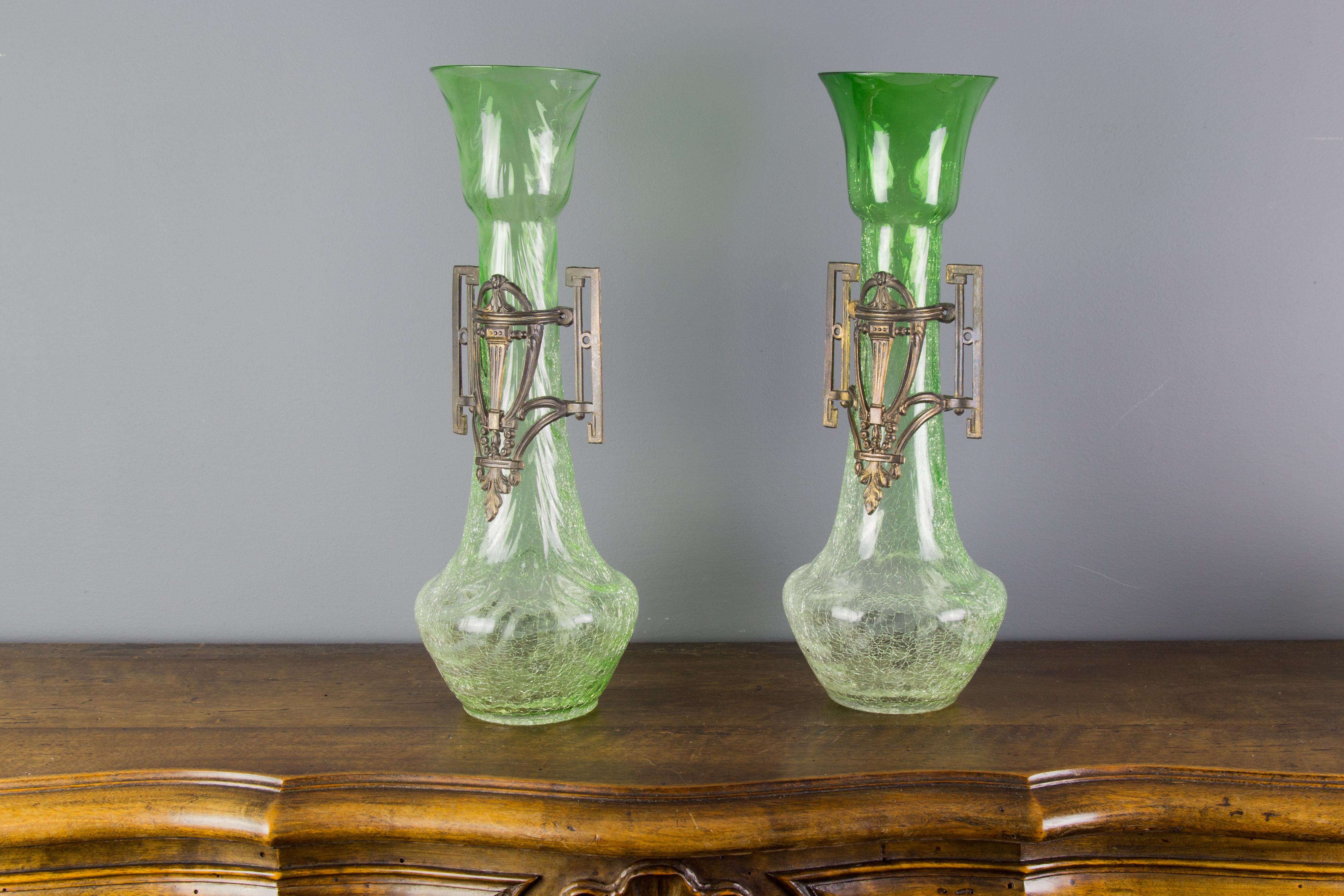 Pair of Large Art Nouveau Green Crackle Glass Vases, circa 1930s For Sale 1