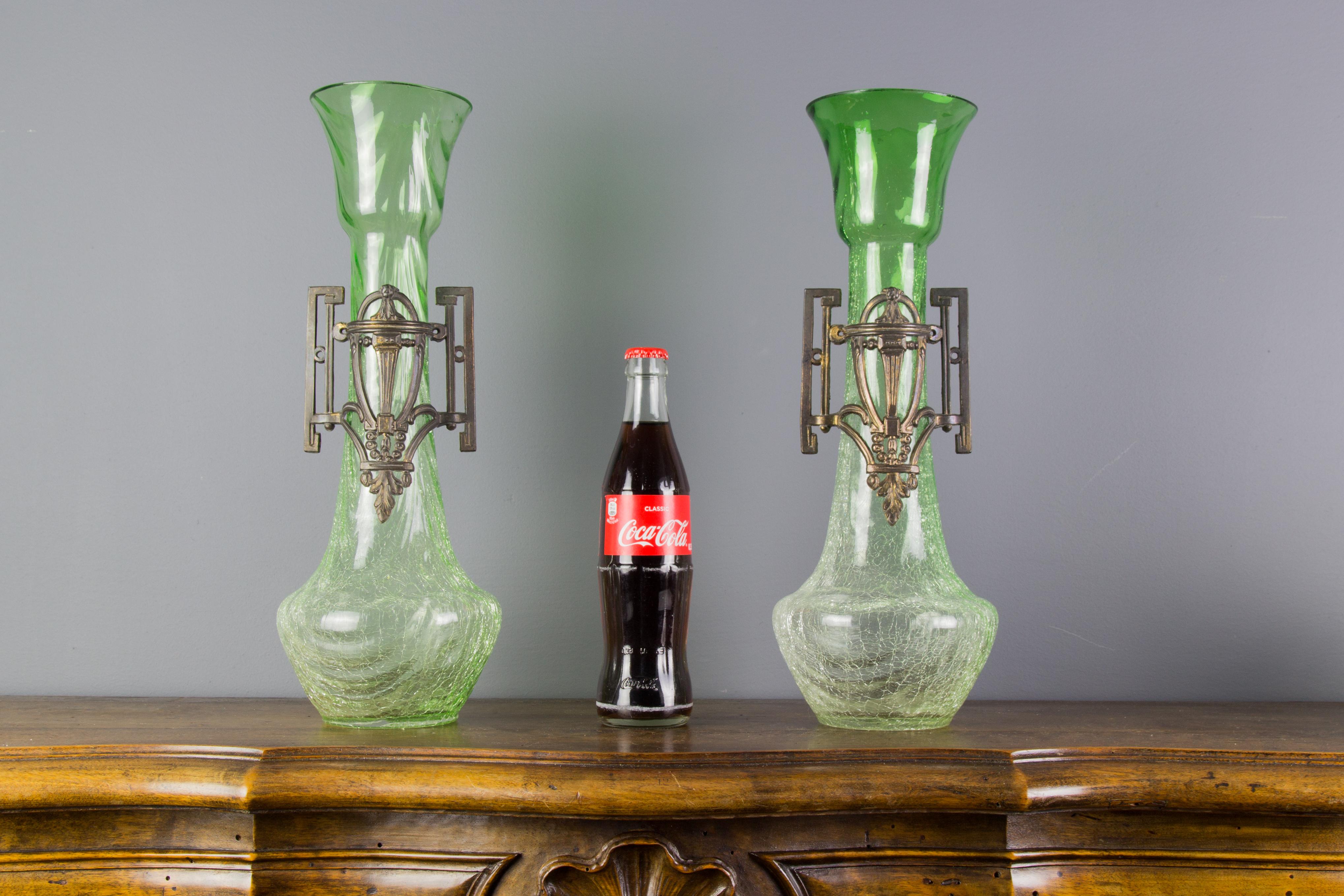 Pair of Large Art Nouveau Green Crackle Glass Vases, circa 1930s For Sale 2