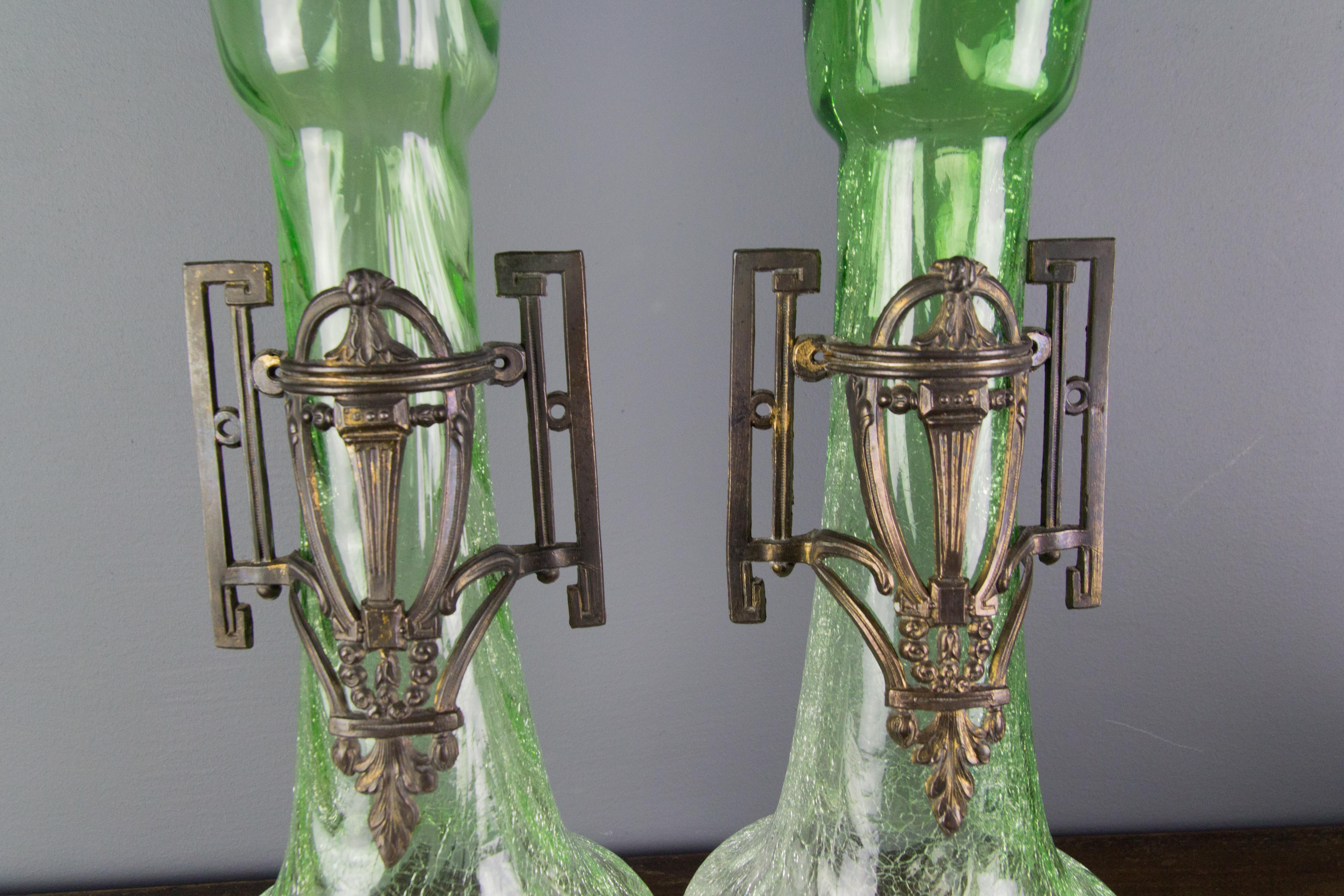 Pair of Large Art Nouveau Green Crackle Glass Vases, circa 1930s For Sale 3