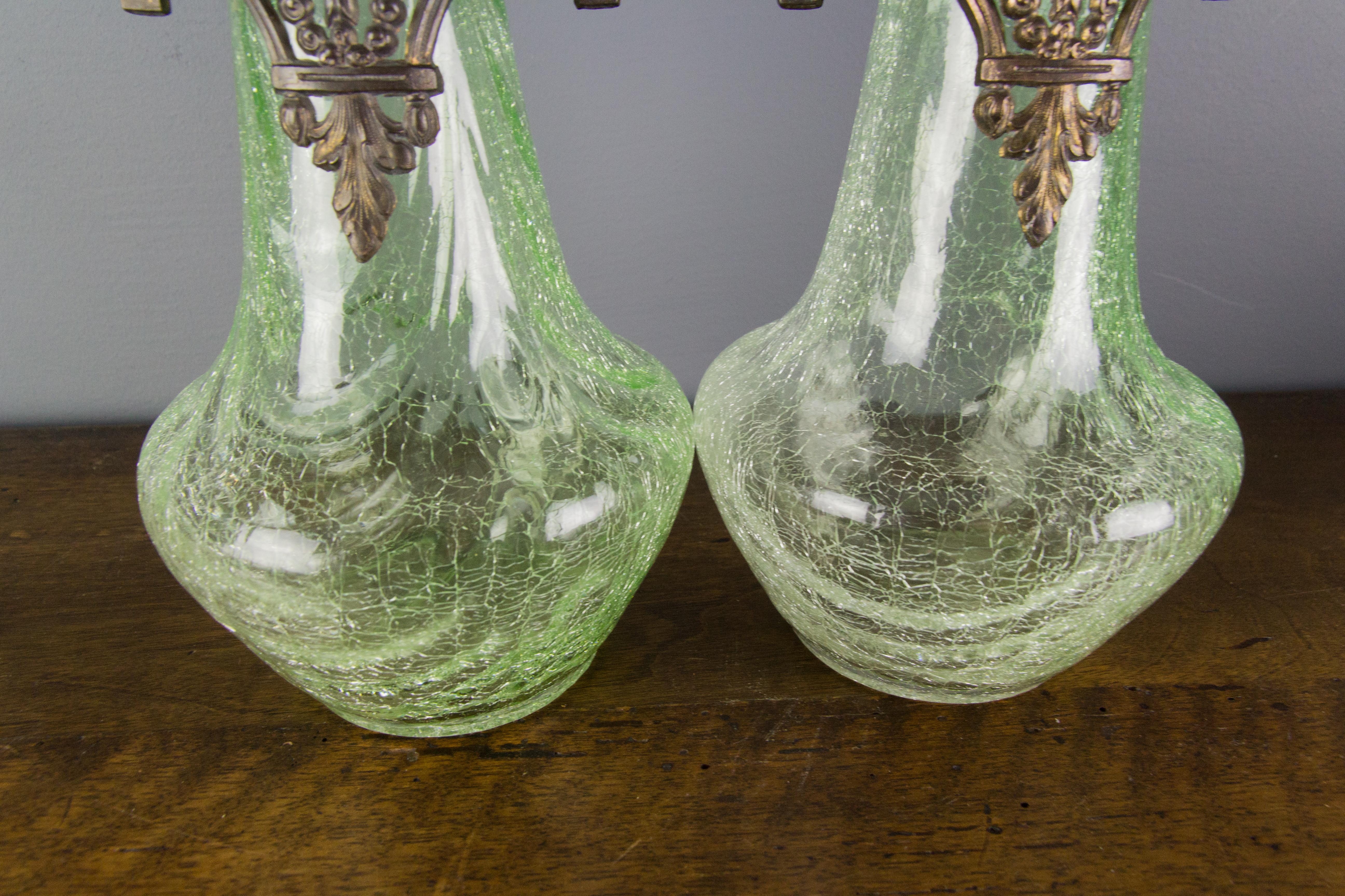 Pair of Large Art Nouveau Green Crackle Glass Vases, circa 1930s For Sale 4