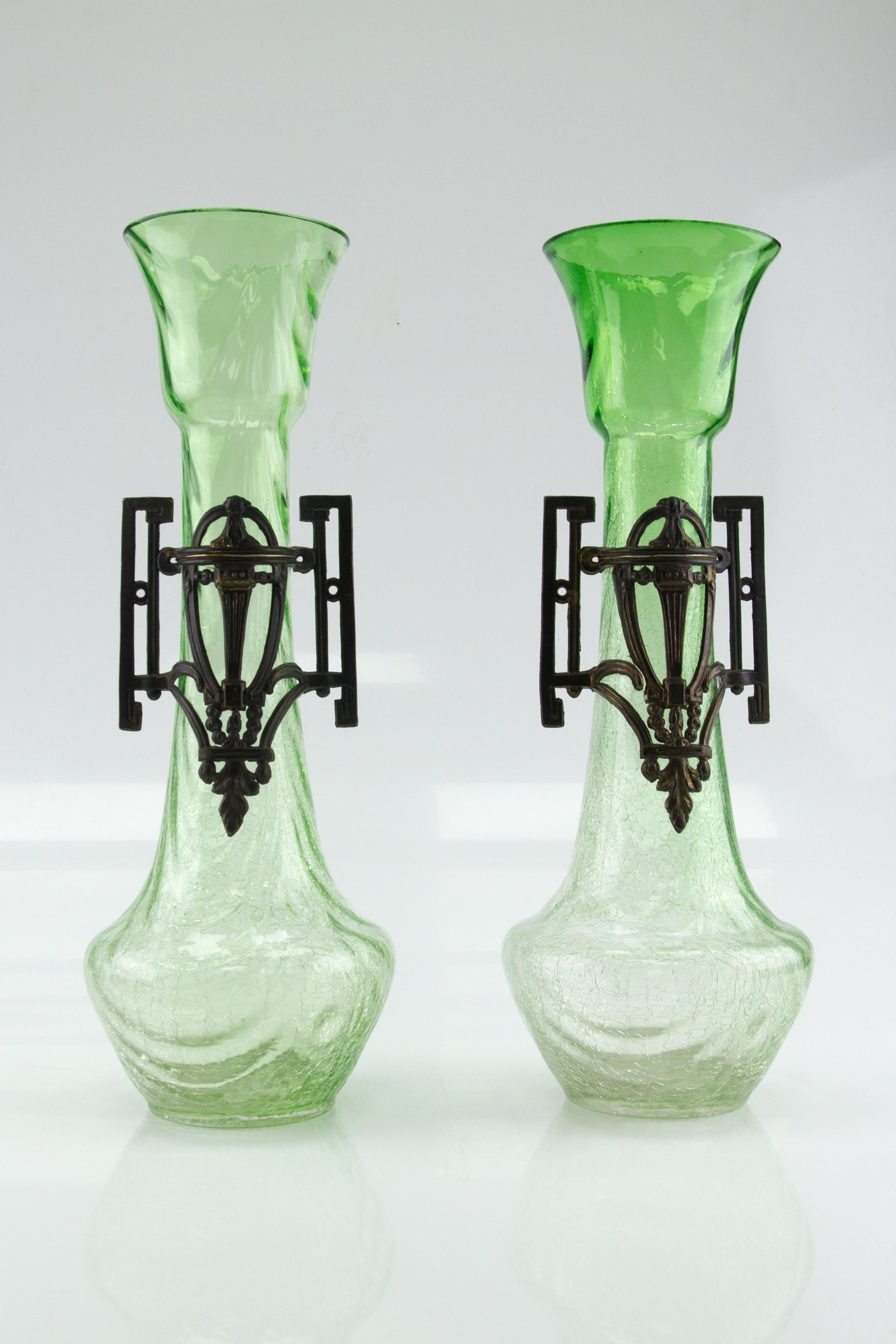 Pair of Large Art Nouveau Green Crackle Glass Vases, circa 1930s For Sale 5
