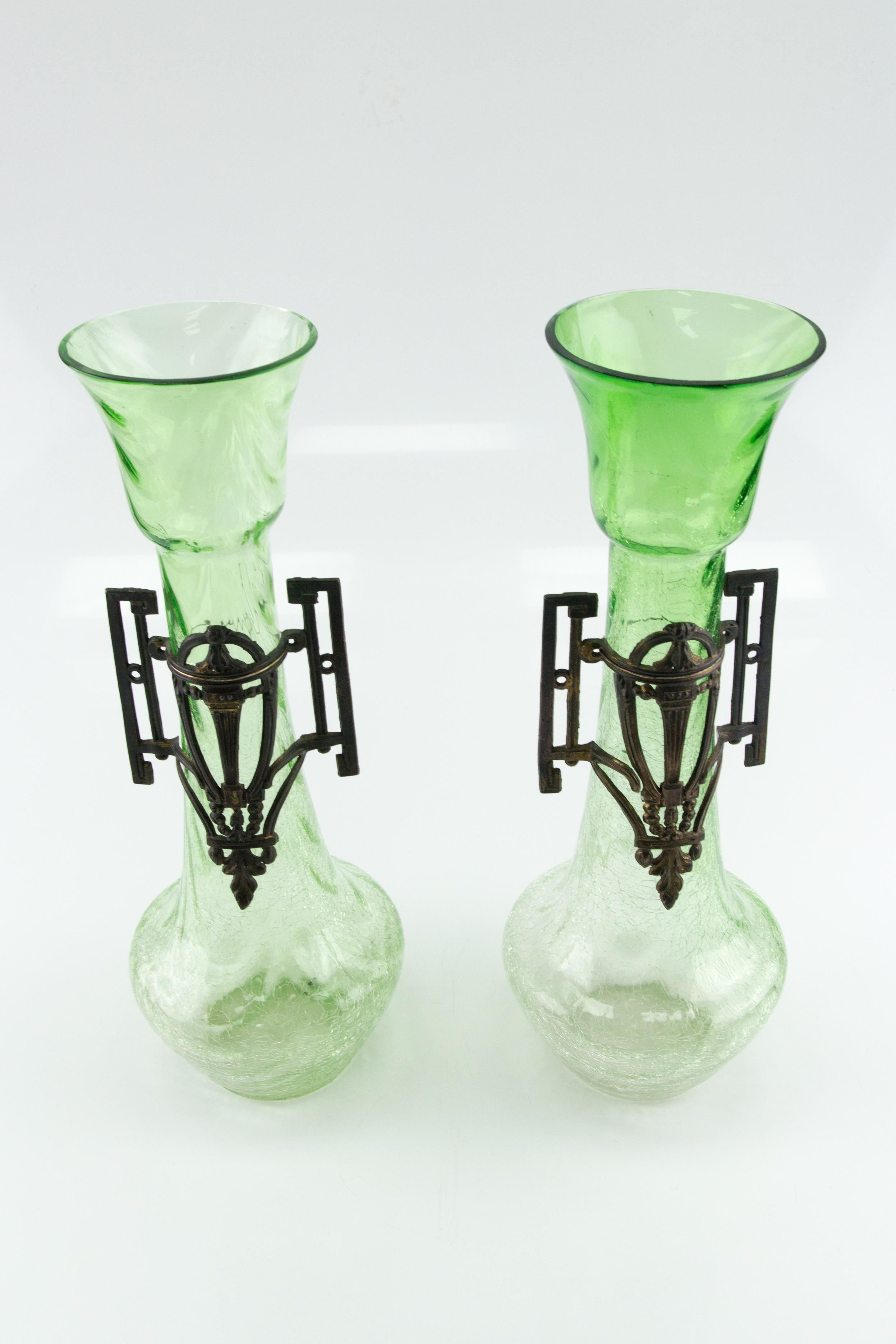 Pair of Large Art Nouveau Green Crackle Glass Vases, circa 1930s For Sale 6