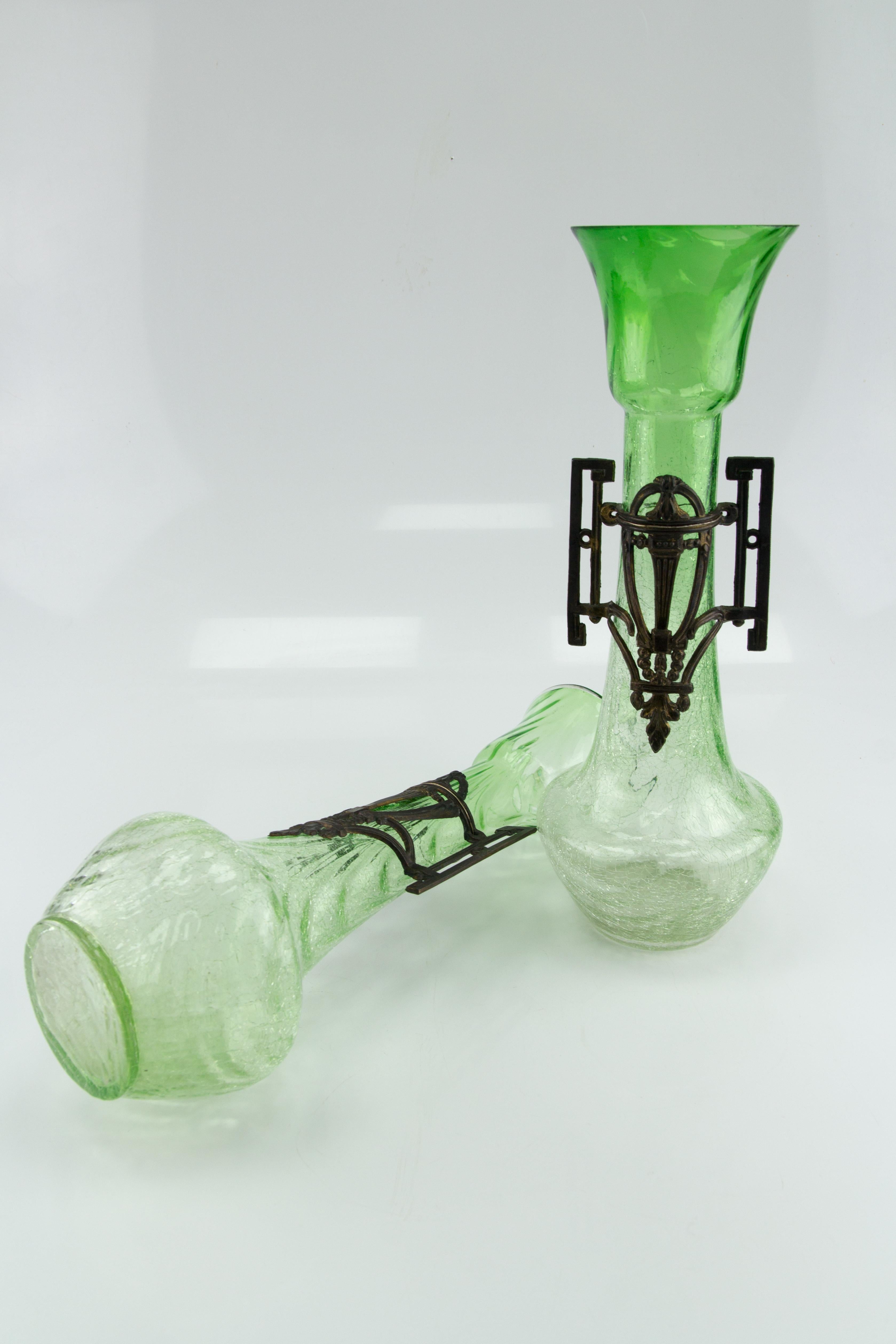 Pair of Large Art Nouveau Green Crackle Glass Vases, circa 1930s For Sale 8