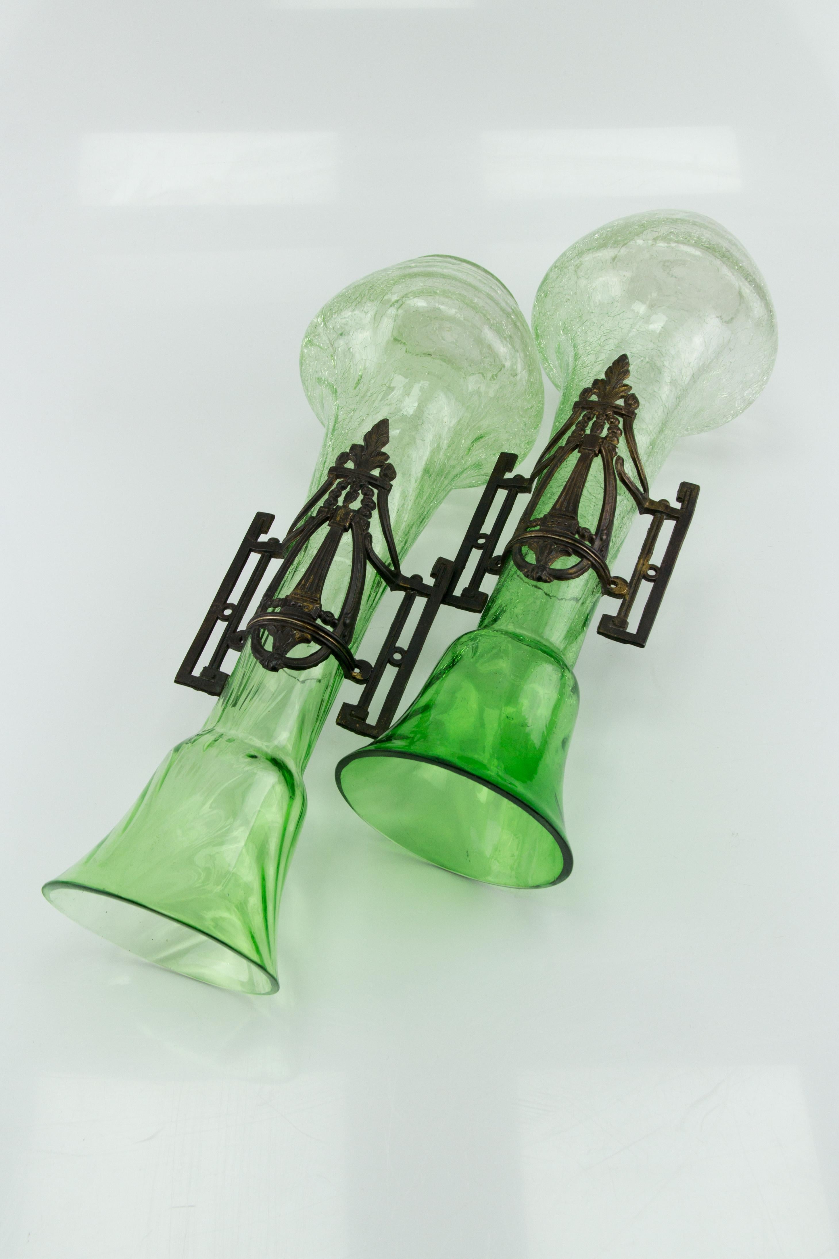 Pair of Large Art Nouveau Green Crackle Glass Vases, circa 1930s For Sale 10