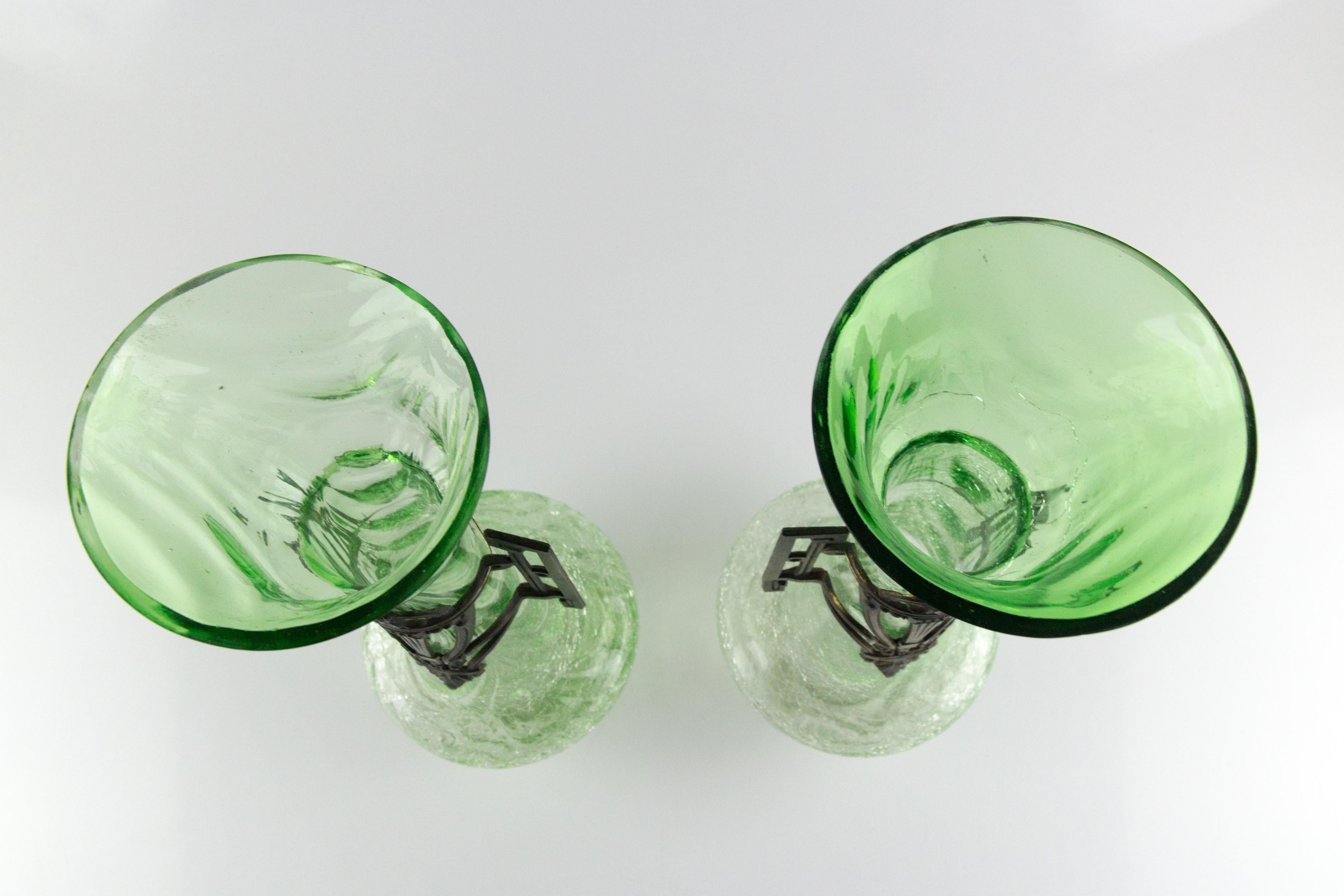 Pair of Large Art Nouveau Green Crackle Glass Vases, circa 1930s For Sale 11