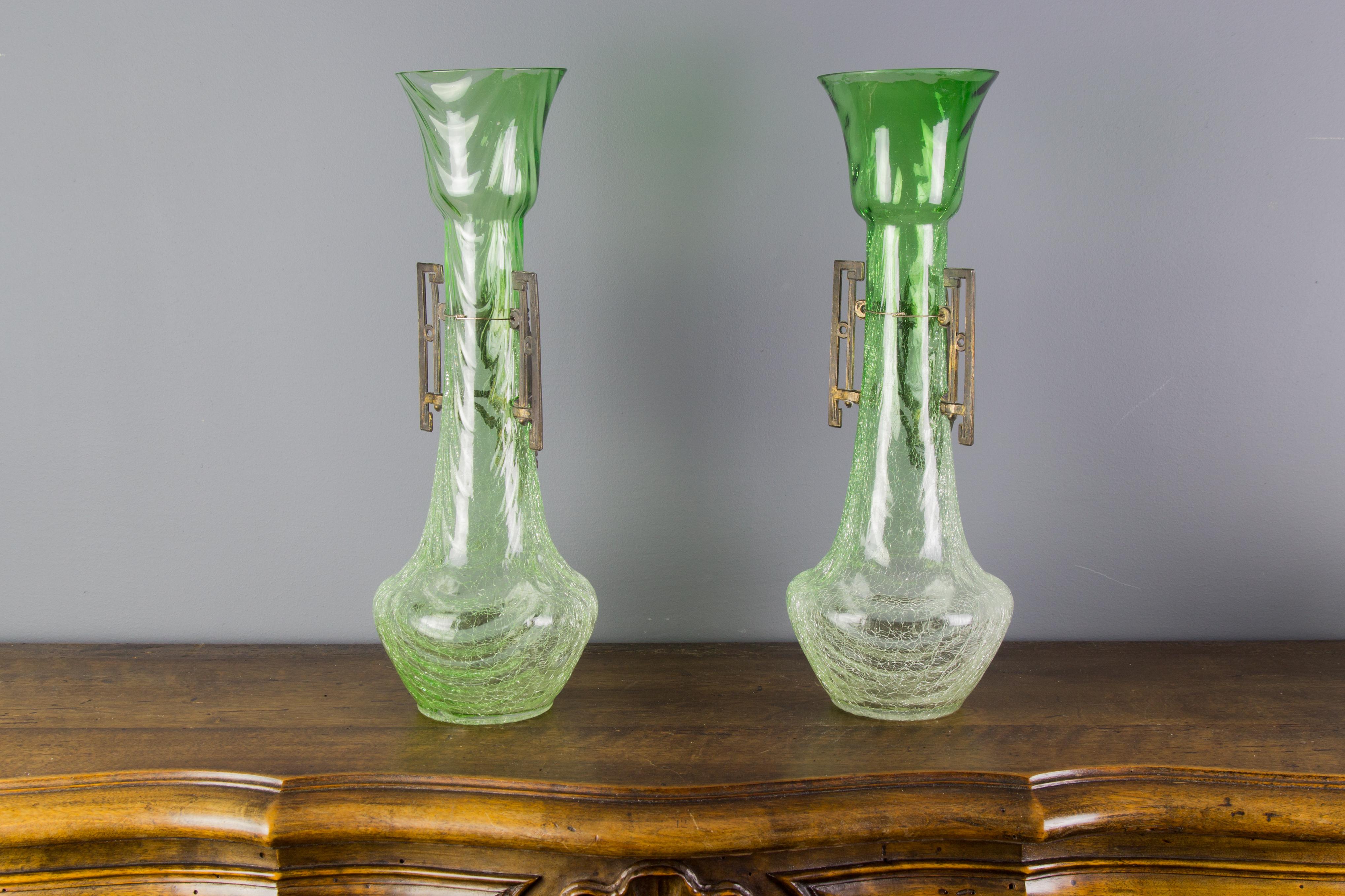 French Pair of Large Art Nouveau Green Crackle Glass Vases, circa 1930s For Sale