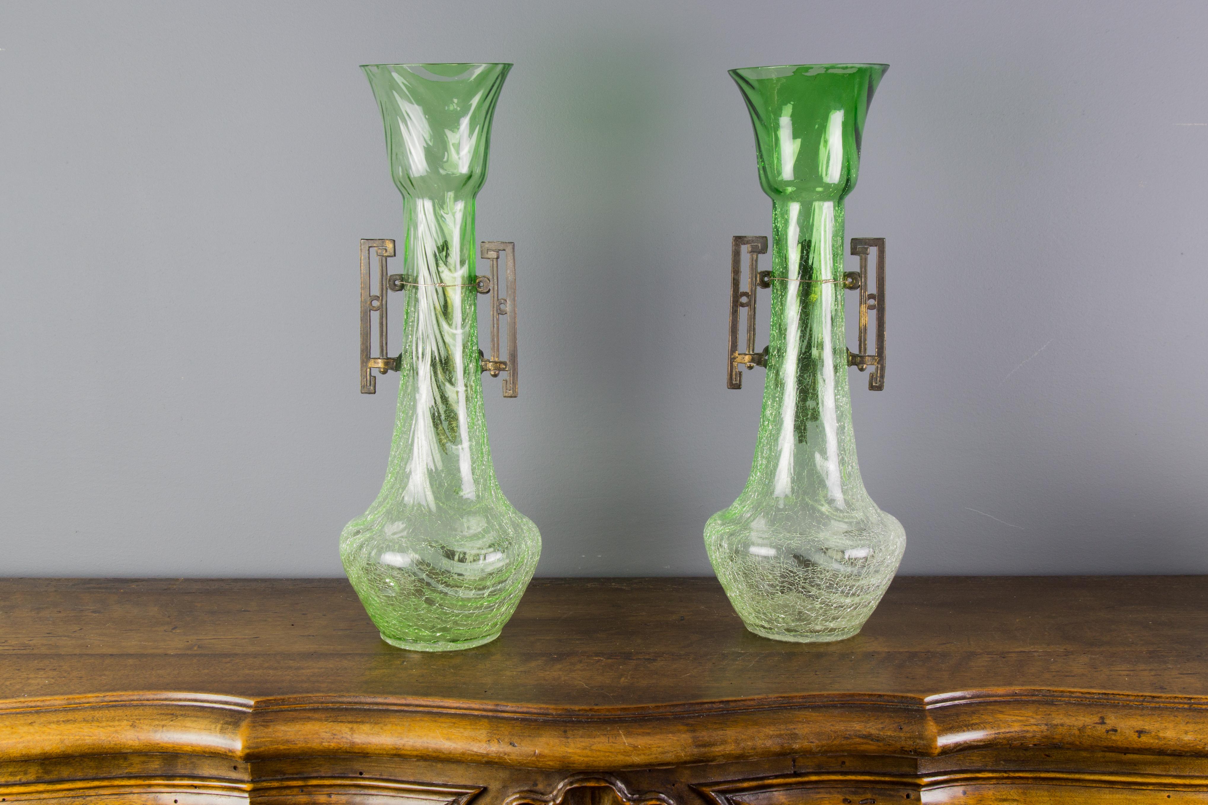 Patinated Pair of Large Art Nouveau Green Crackle Glass Vases, circa 1930s For Sale