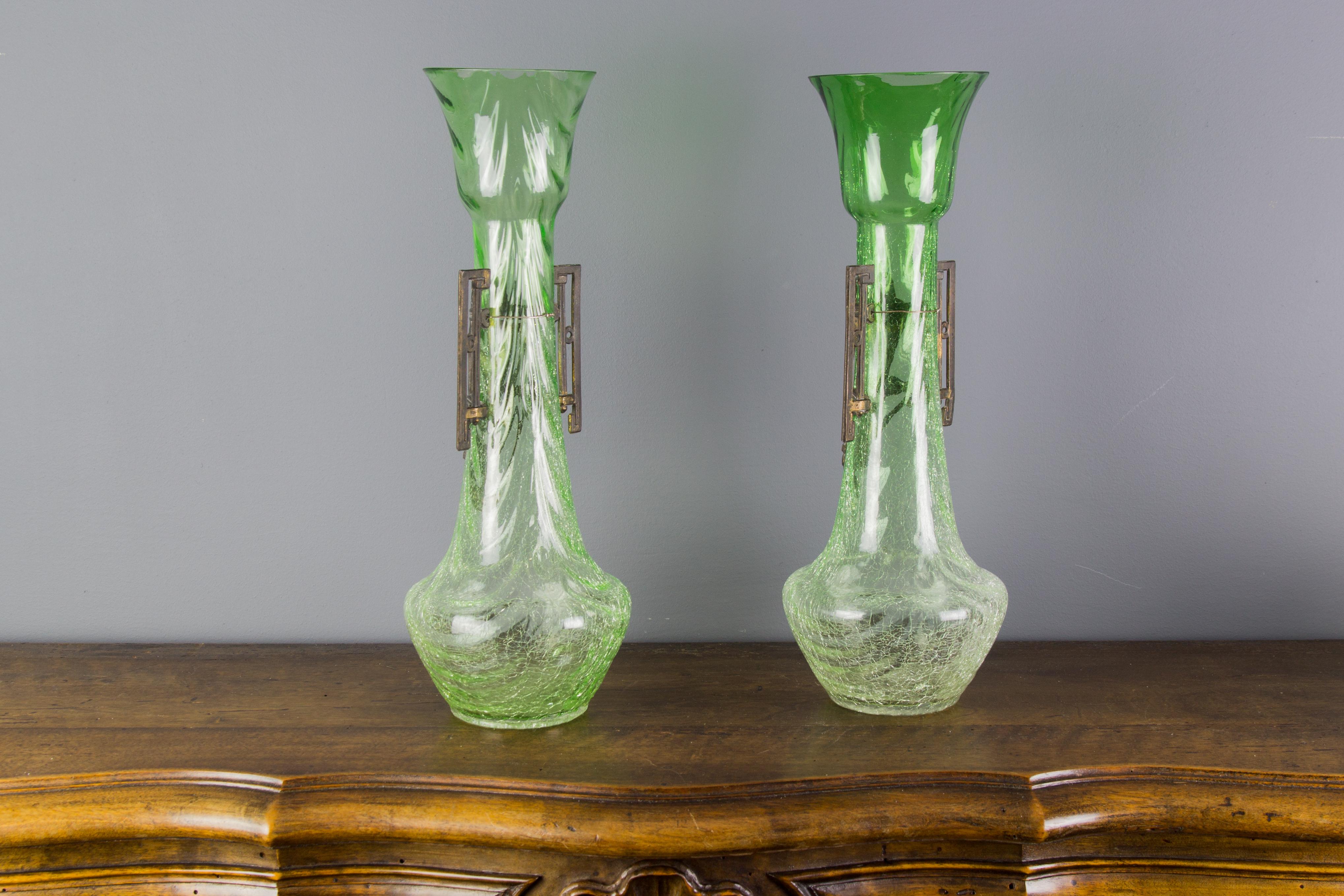 Pair of Large Art Nouveau Green Crackle Glass Vases, circa 1930s In Good Condition For Sale In Barntrup, DE