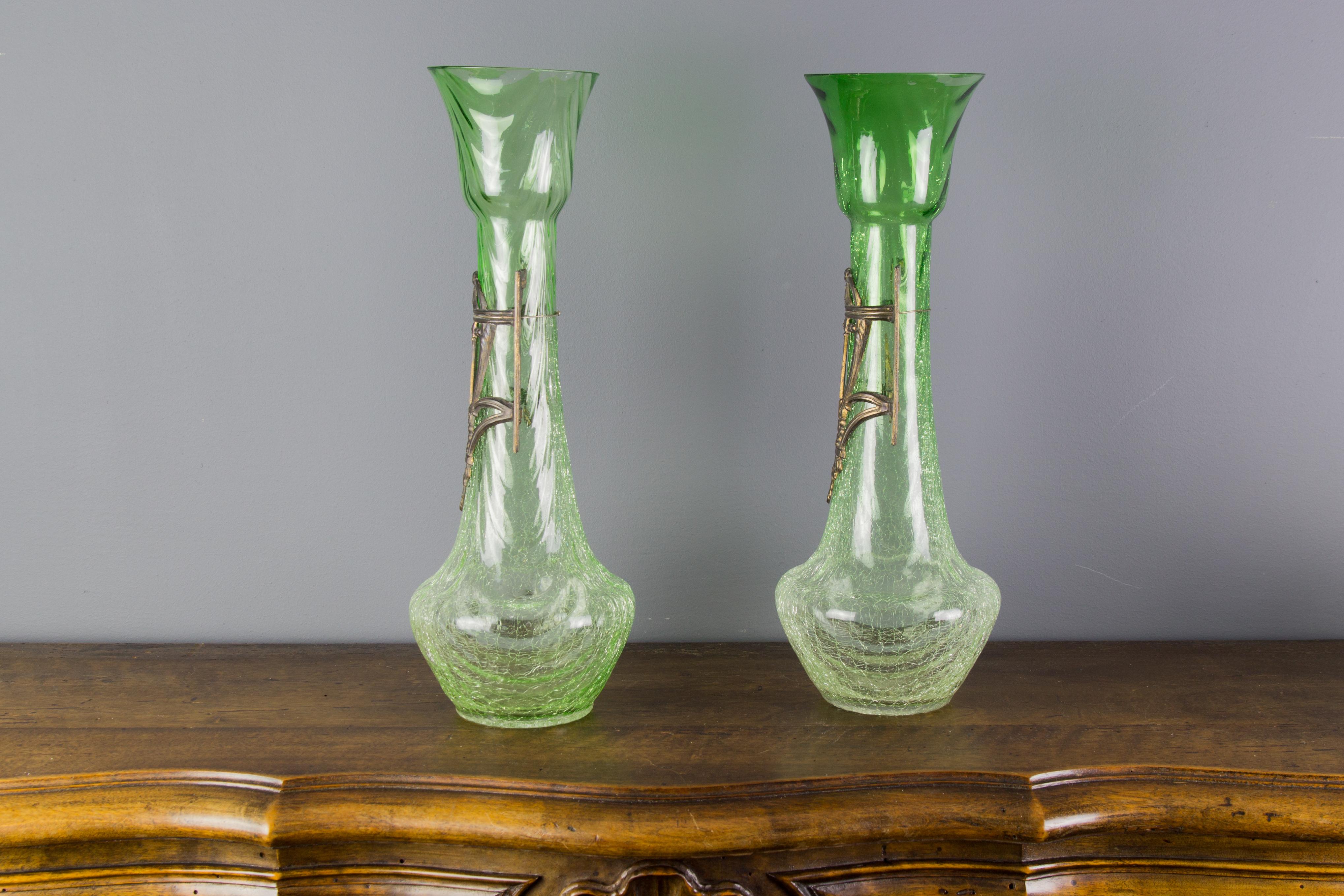 Mid-20th Century Pair of Large Art Nouveau Green Crackle Glass Vases, circa 1930s For Sale