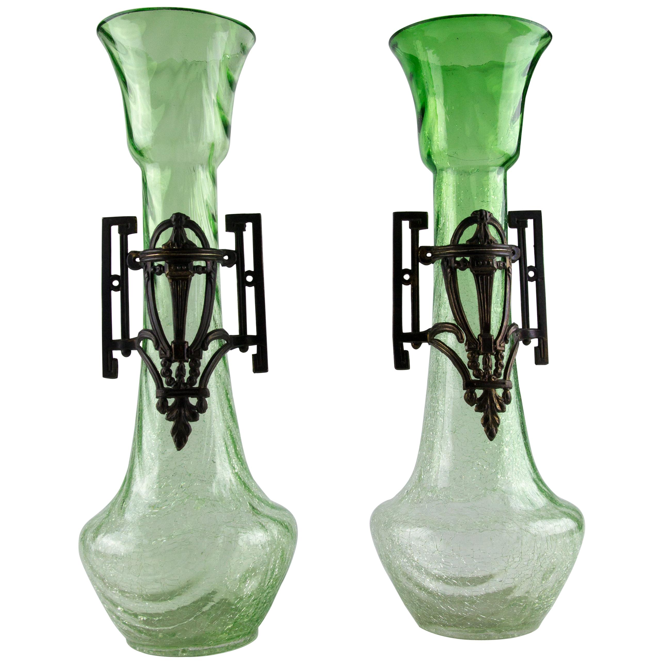 Pair of Large Art Nouveau Green Crackle Glass and Pewter Decor Vases, ca 1930s