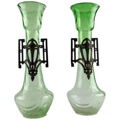 Pair of Large Art Nouveau Green Crackle Glass Vases, circa 1930s