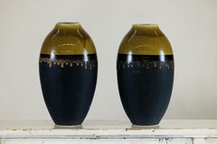 Pair of Large Artisan Ceramic Vases with Olive-Taupe and Black Drip Glaze Finish