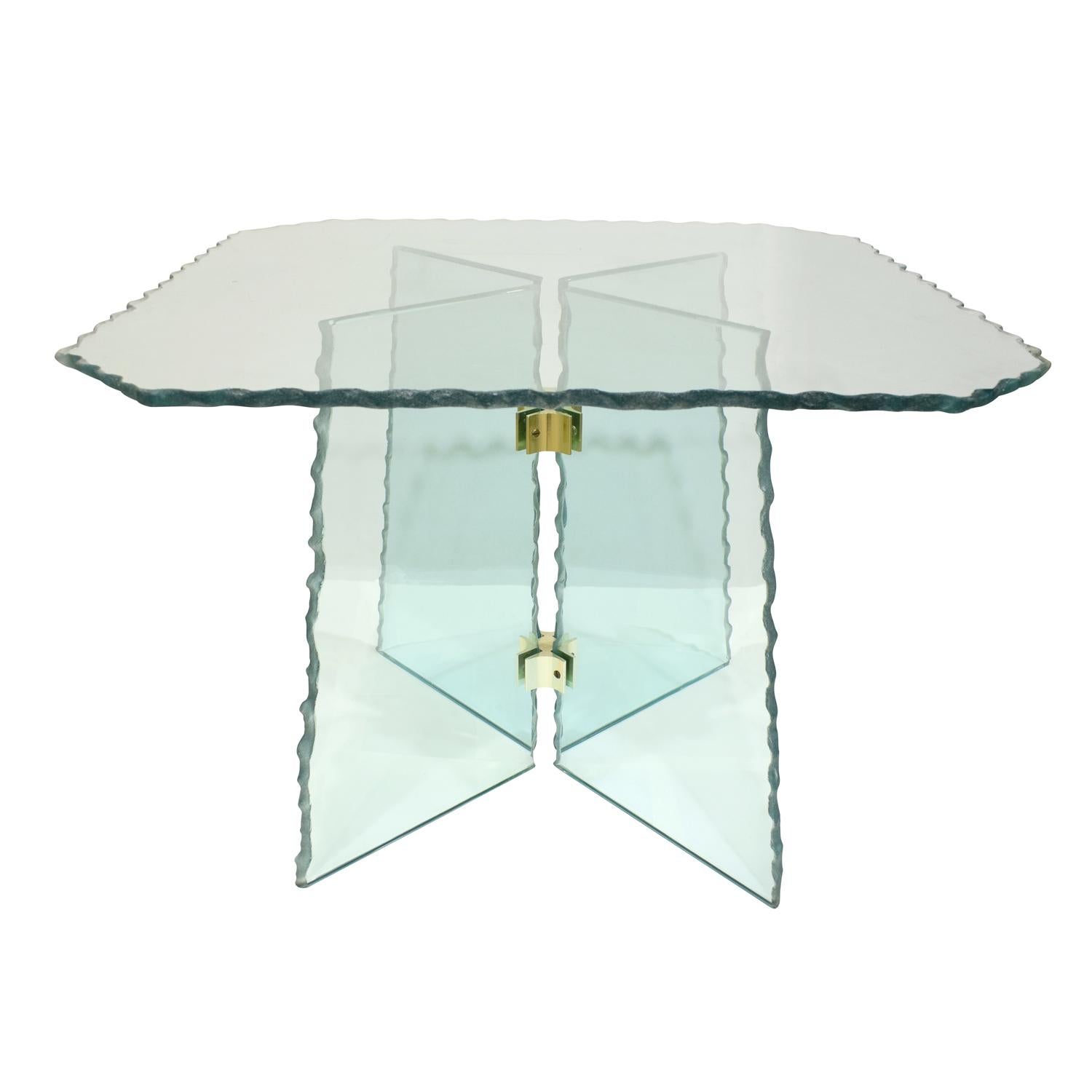 Pair of large artisan end tables in scalloped edge green glass with brass accents, Italian 1970s. These are handmade and very beautiful.