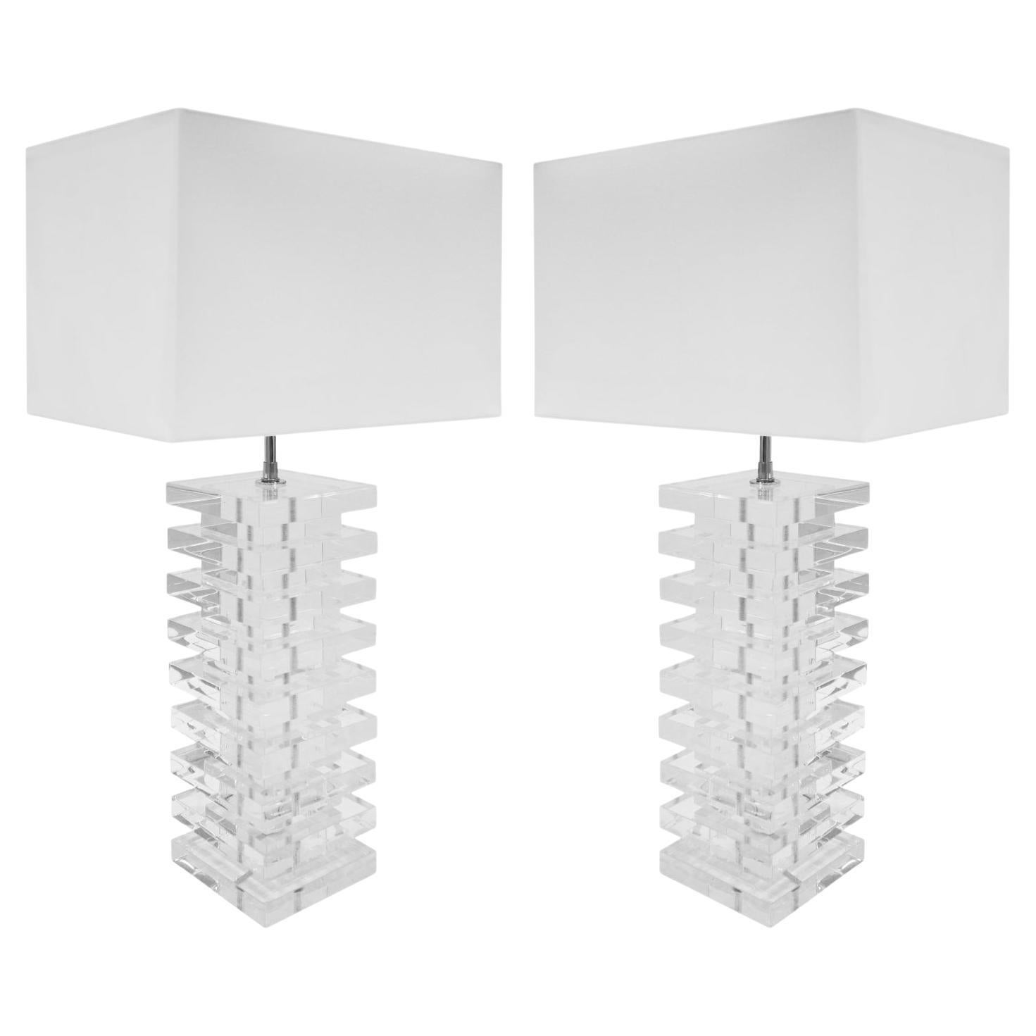 Pair of Large Artisan Table Lamps in Stacked Slabs of Lucite 1970s