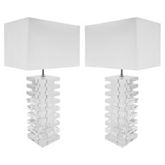Pair of Large Artisan Table Lamps in Stacked Slabs of Lucite 1970s