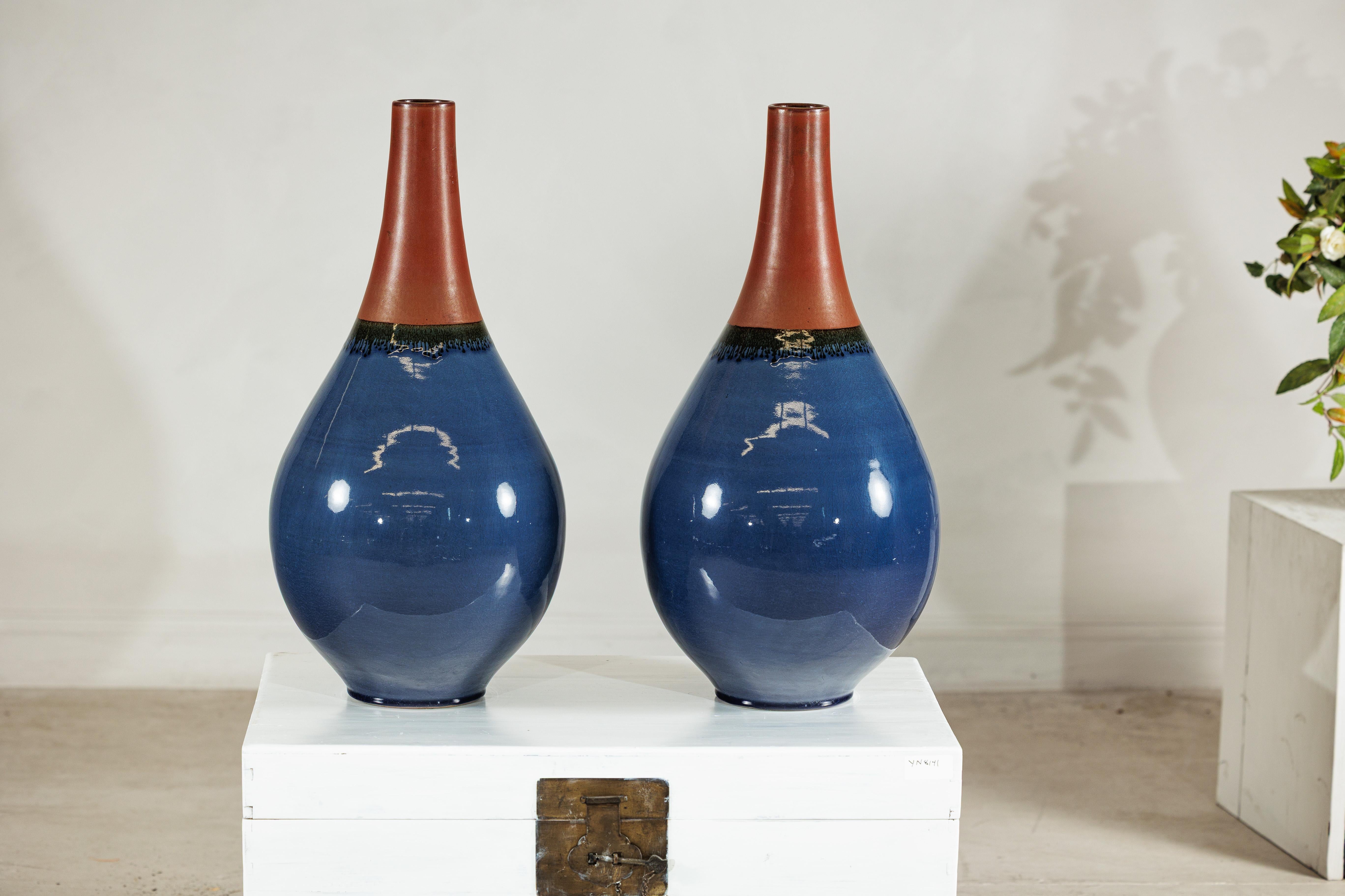 Vernissé Pair of Large Artisan Teardrop Ceramic Vases in Deep Blue and Terracotta Glaze en vente