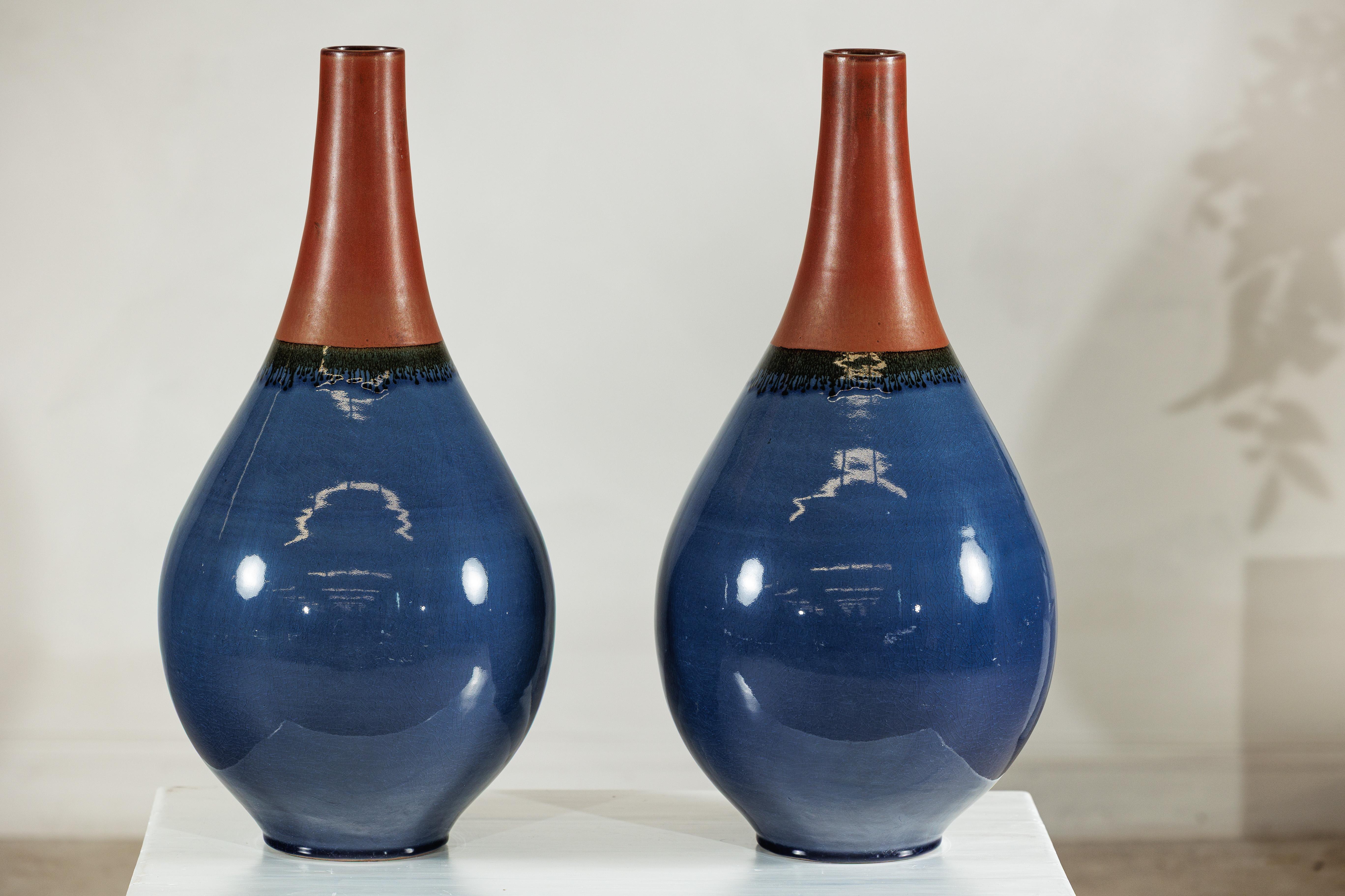 Céramique Pair of Large Artisan Teardrop Ceramic Vases in Deep Blue and Terracotta Glaze en vente
