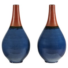 Pair of Large Artisan Teardrop Ceramic Vases in Deep Blue and Terracotta Glaze