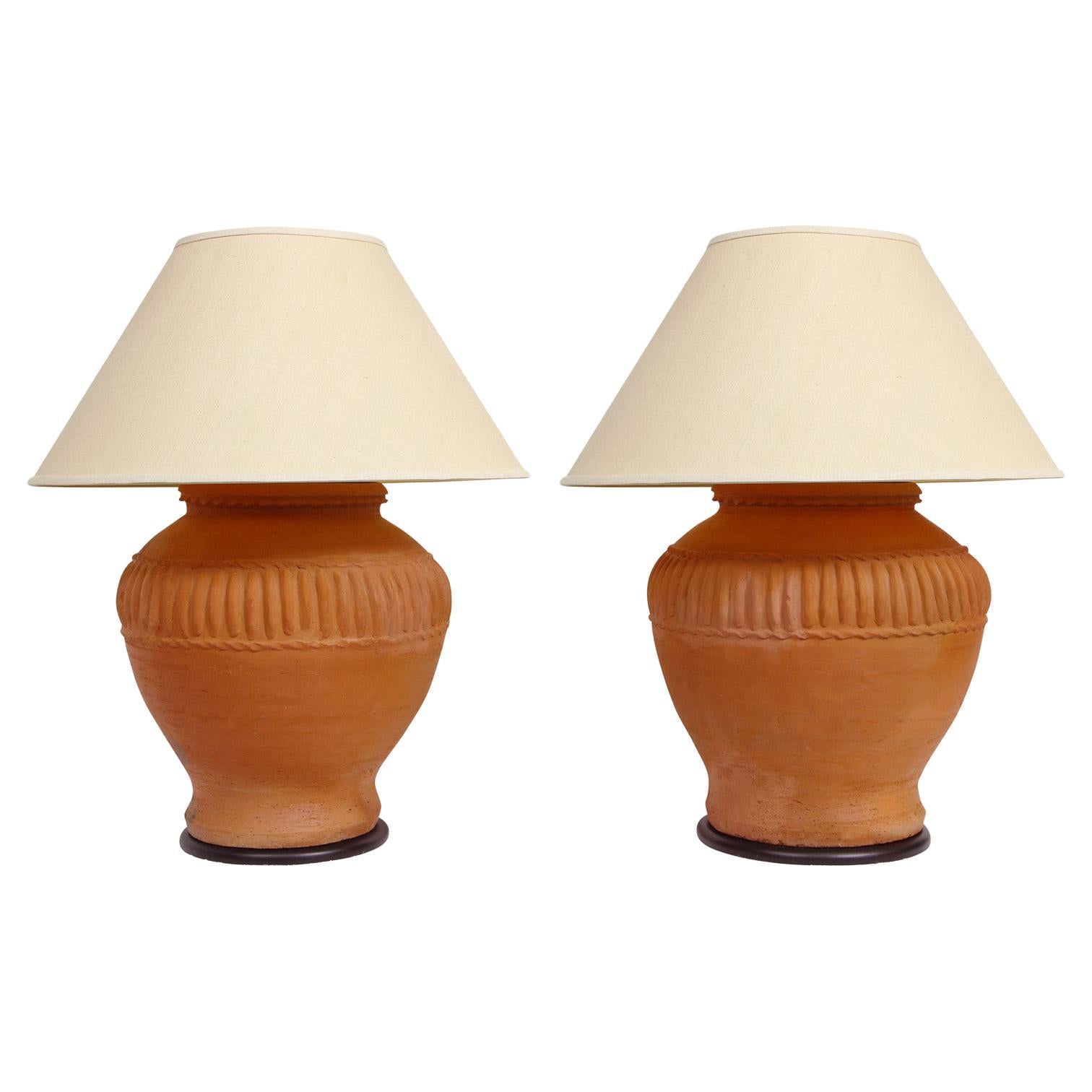 Pair of Large Artisan Terracotta Table Lamps, 1970s