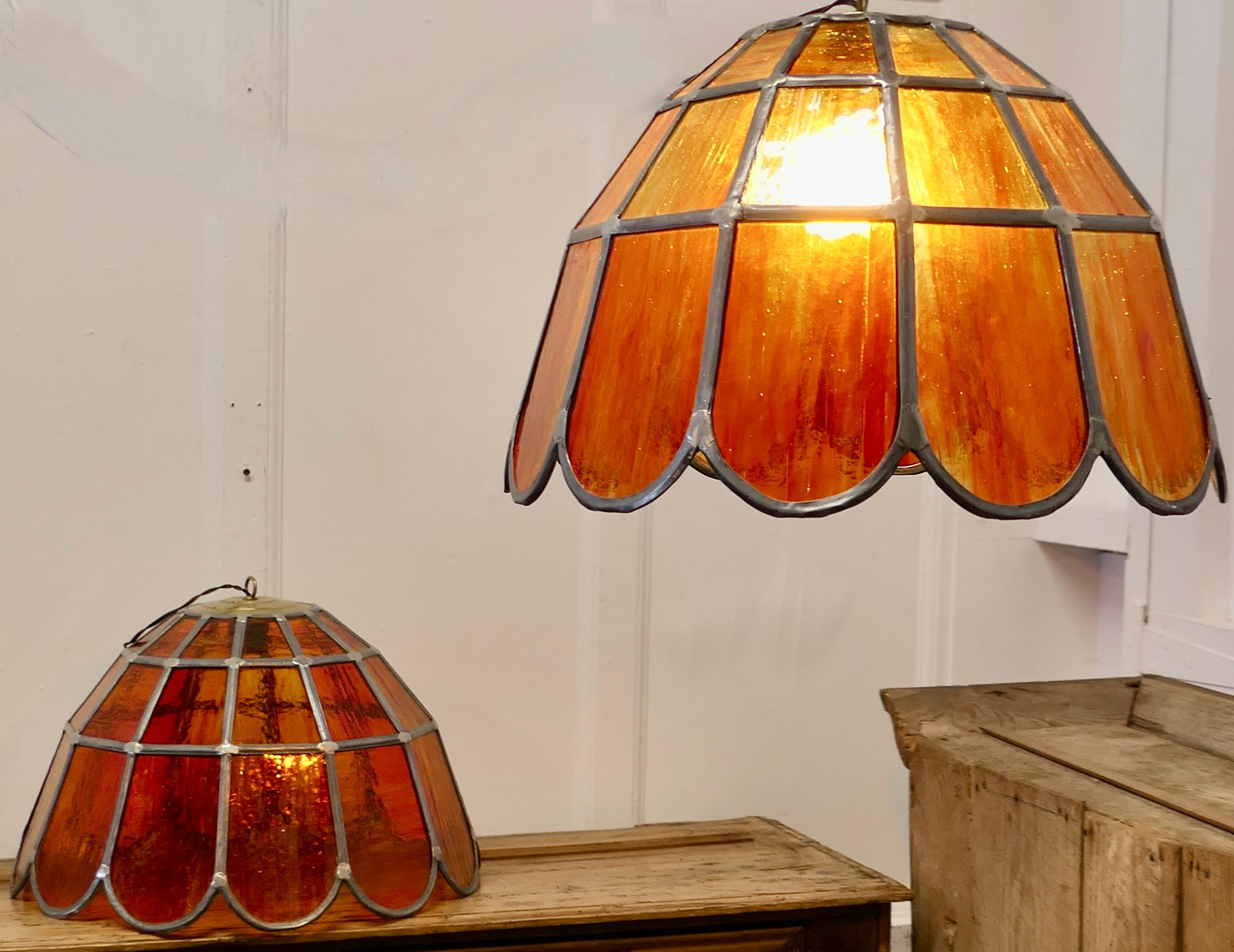 Mid-Century Modern  Pair of Large Arts and Crafts Amber Leaded Glass Pendant Lights    For Sale