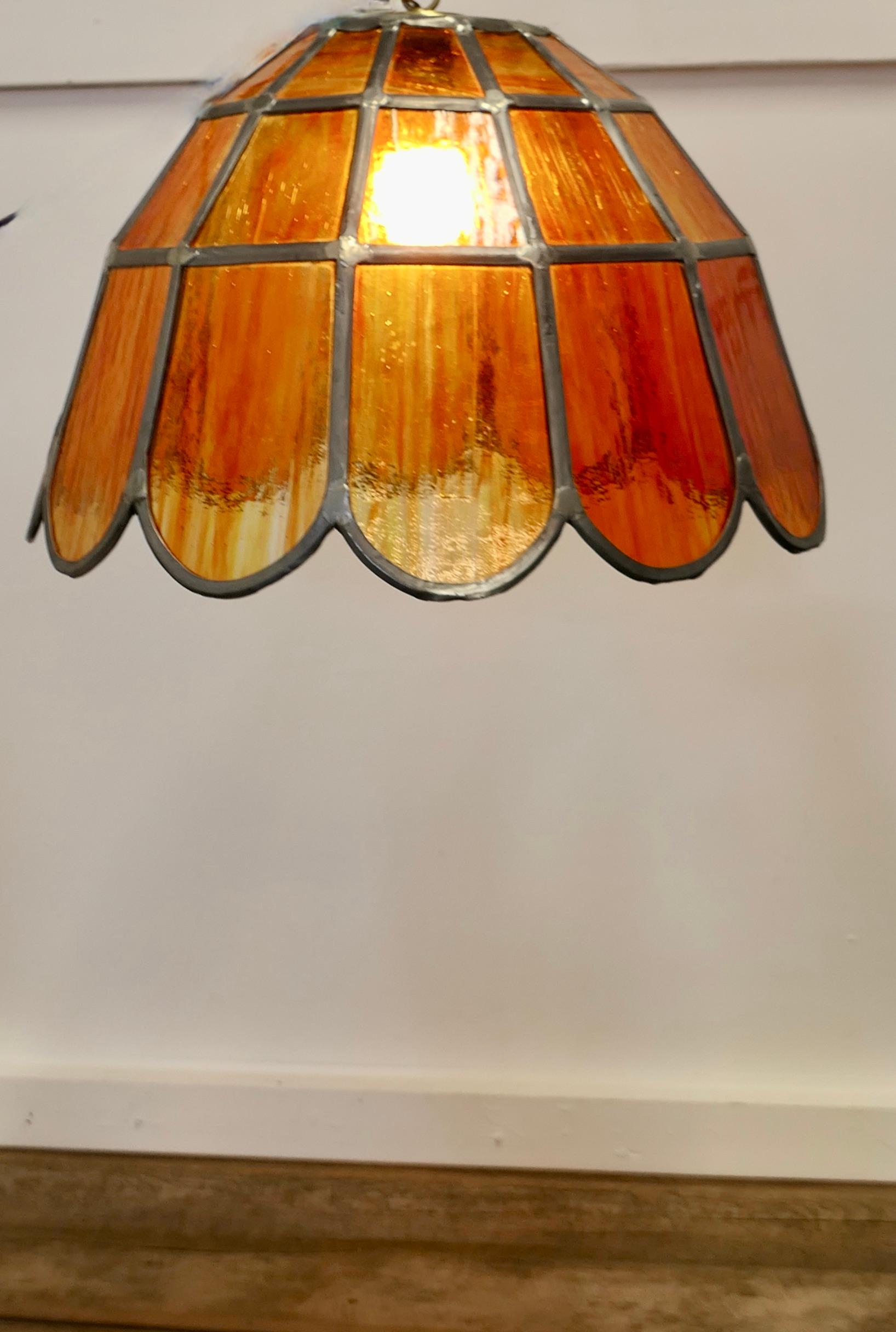  Pair of Large Arts and Crafts Amber Leaded Glass Pendant Lights    In Good Condition For Sale In Chillerton, Isle of Wight