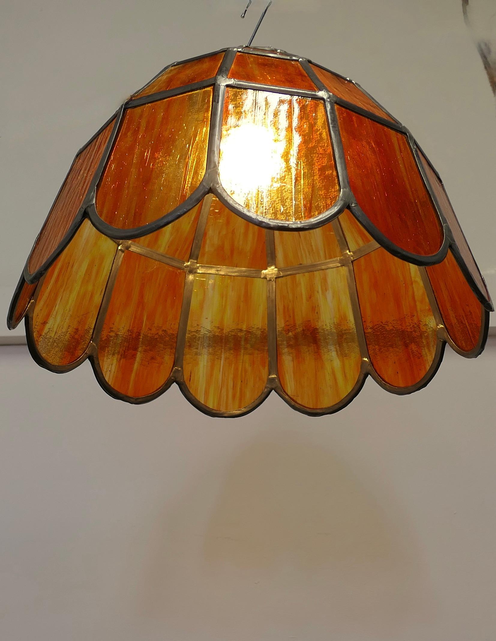 Mid-20th Century  Pair of Large Arts and Crafts Amber Leaded Glass Pendant Lights    For Sale