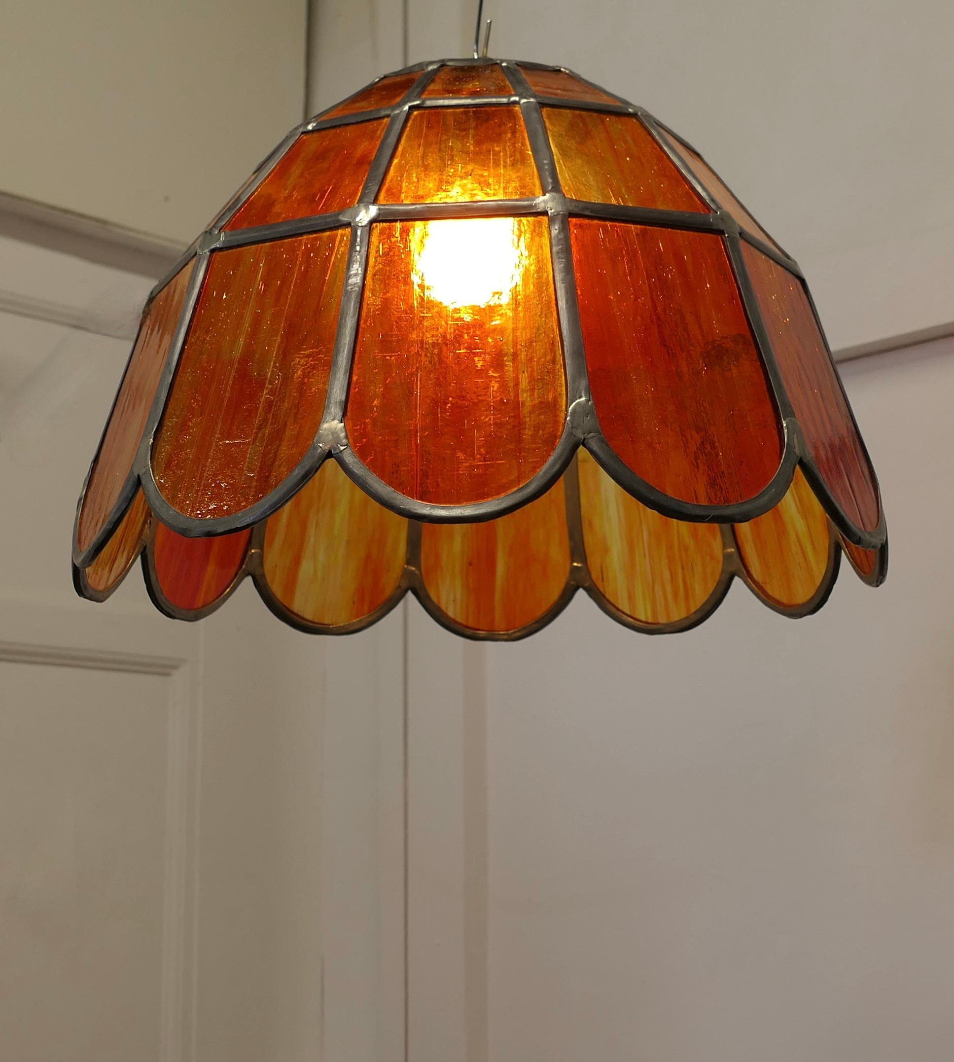  Pair of Large Arts and Crafts Amber Leaded Glass Pendant Lights    For Sale 1