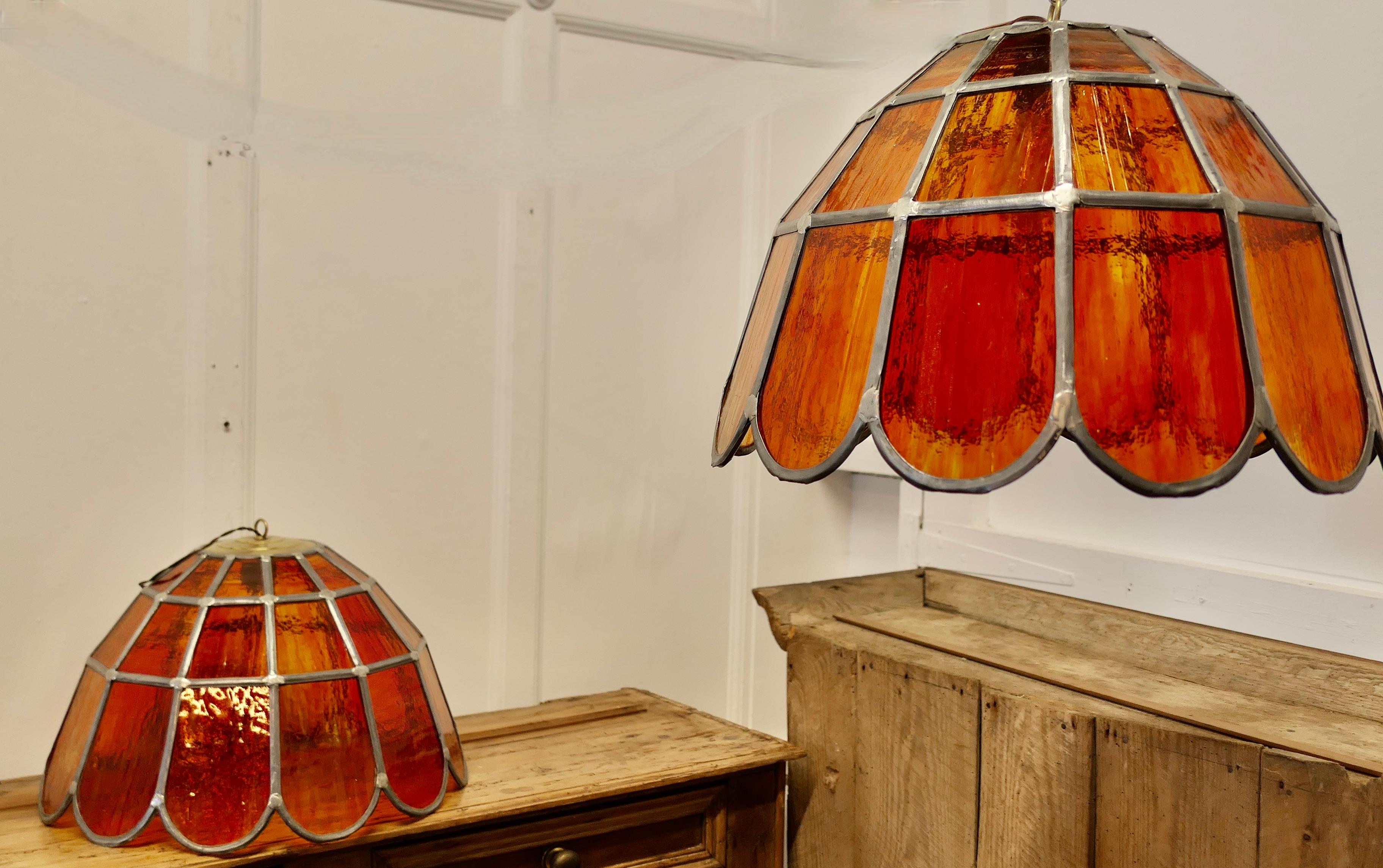  Pair of Large Arts and Crafts Amber Leaded Glass Pendant Lights    For Sale 2