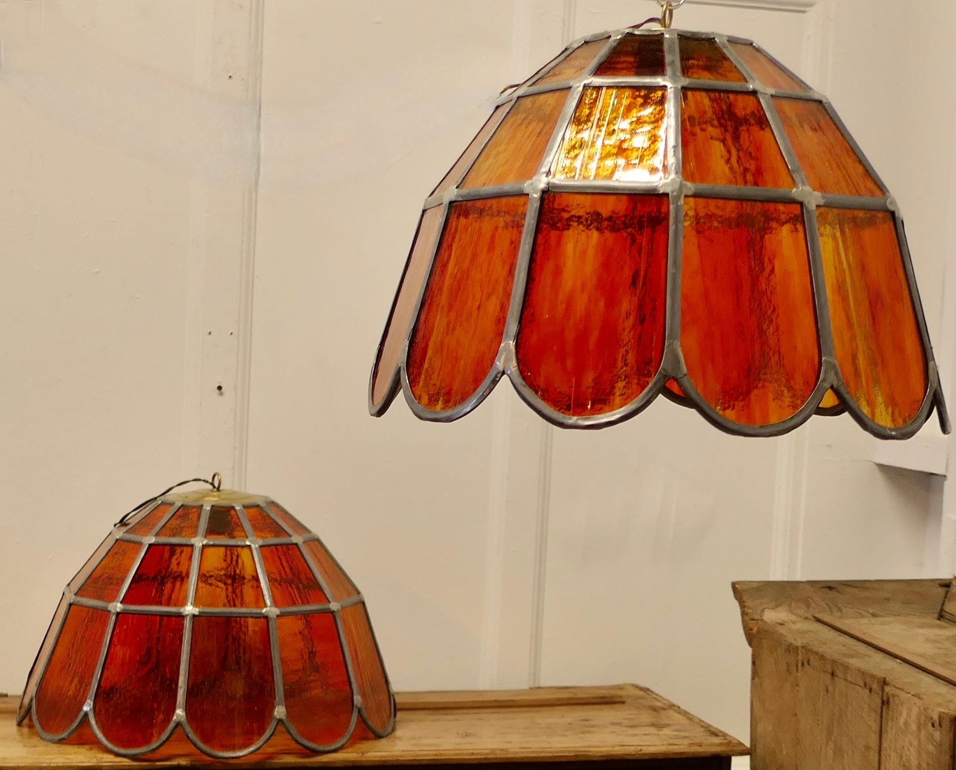  Pair of Large Arts and Crafts Amber Leaded Glass Pendant Lights    For Sale 3