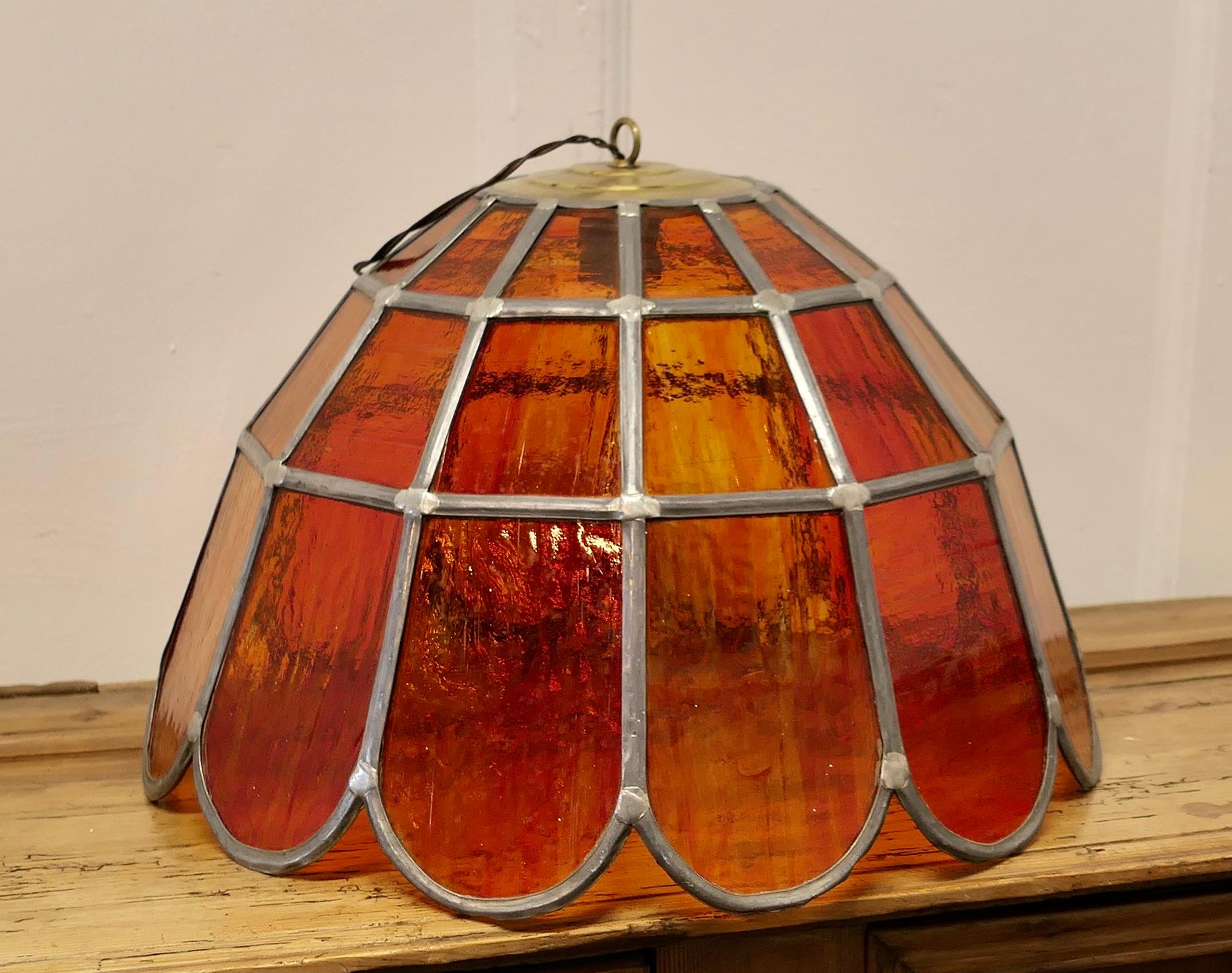  Pair of Large Arts and Crafts Amber Leaded Glass Pendant Lights    For Sale 4