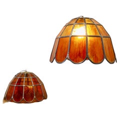 Vintage  Pair of Large Arts and Crafts Amber Leaded Glass Pendant Lights   