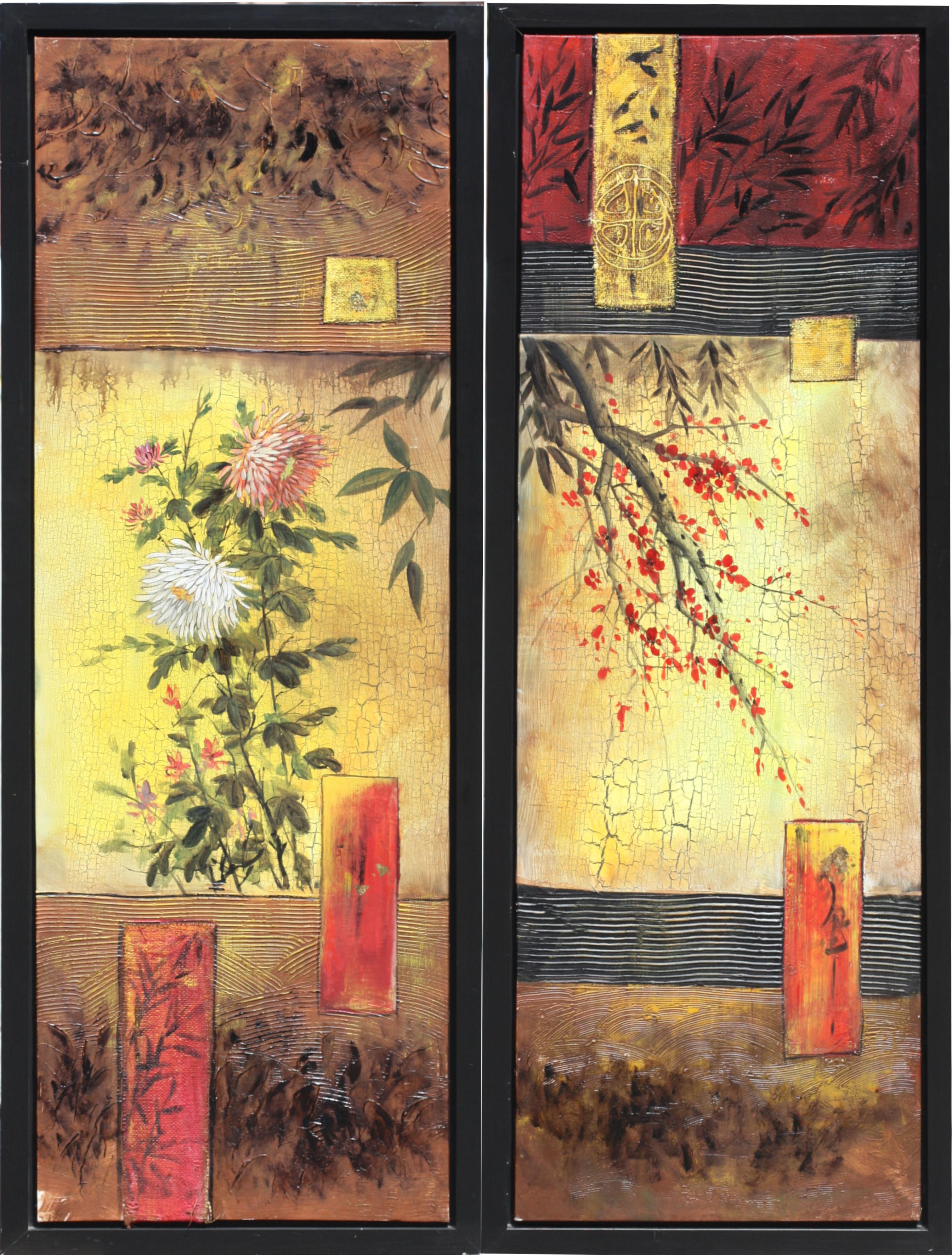 Paire de grands panneaux de toile peints d'inspiration asiatique en vente 5