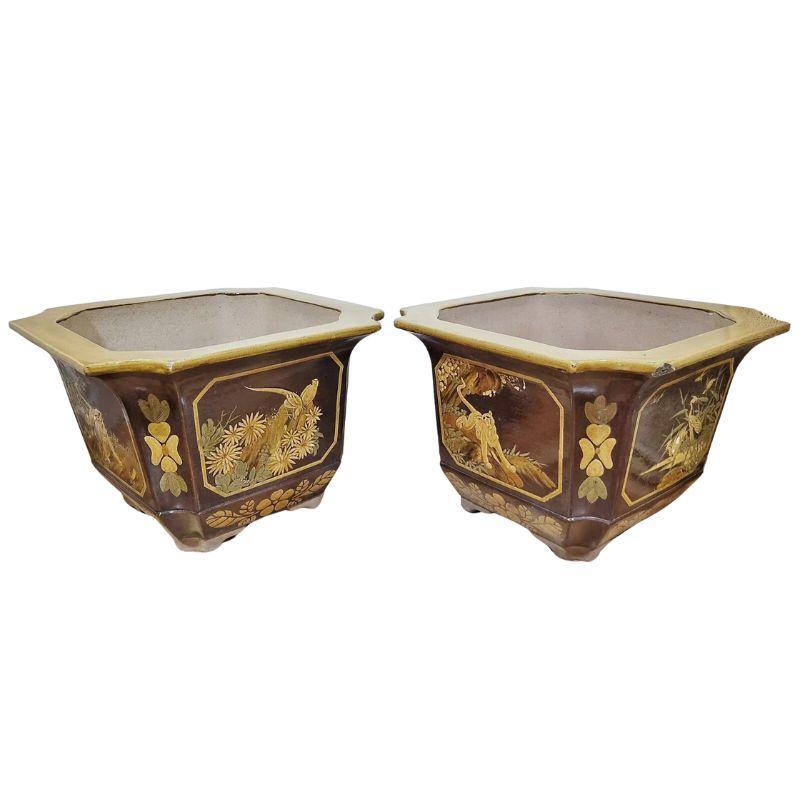 Paire de grandes jardinières à motifs asiatiques en vente 1