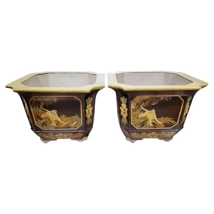 Pair of Large Asian Motif Planters For Sale